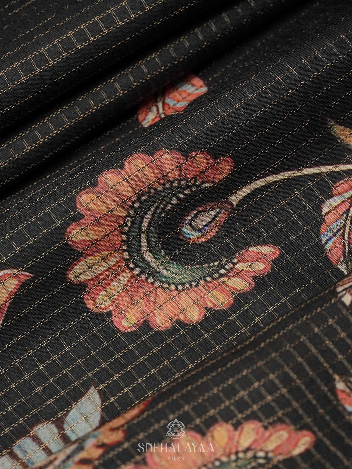 Black Tussar Saree with Floral Prints