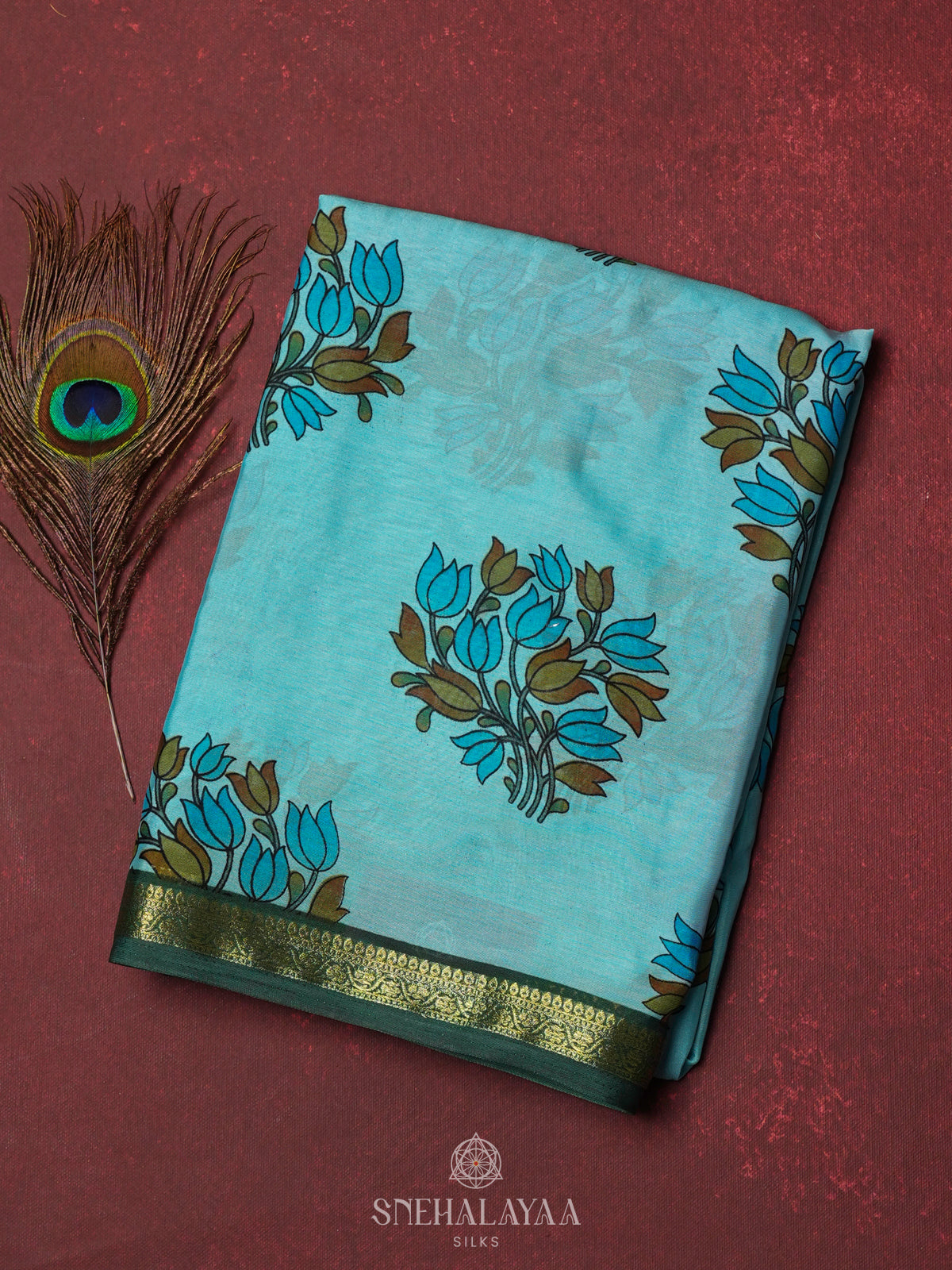 Blue Printed Mysore Silk Saree