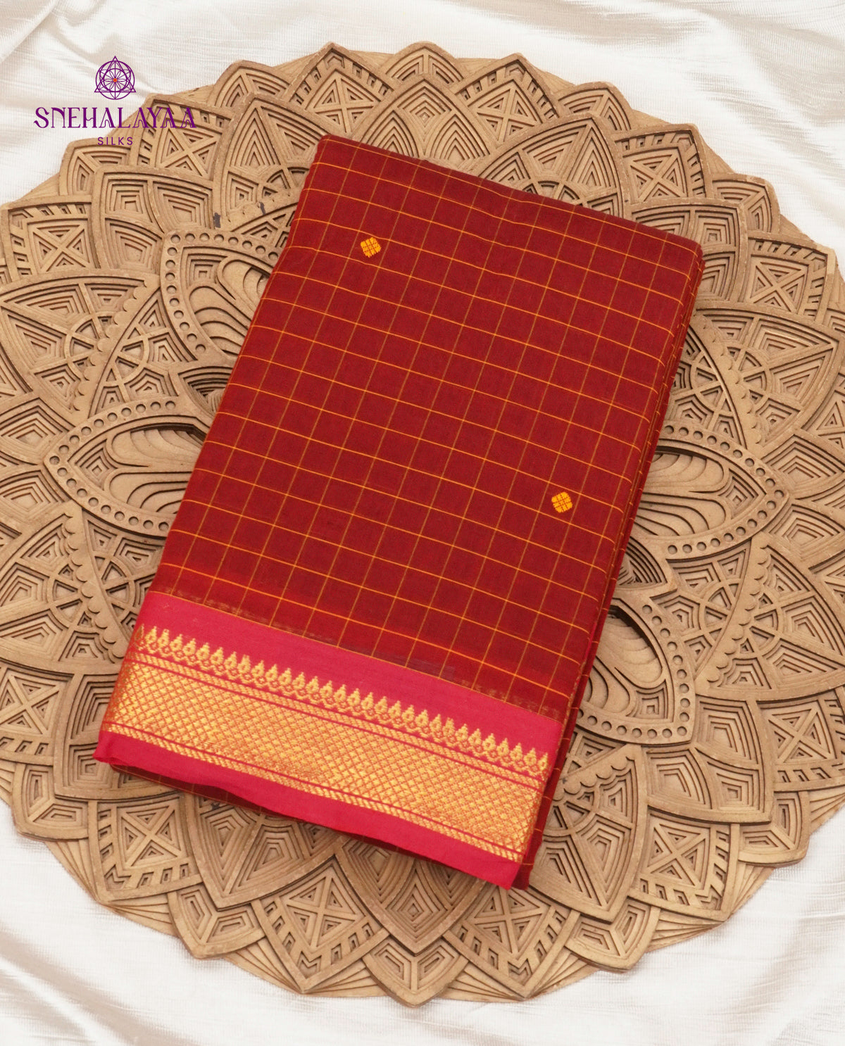 Checked Maroon Kanchi Cotton Saree with Traditional Zari Border