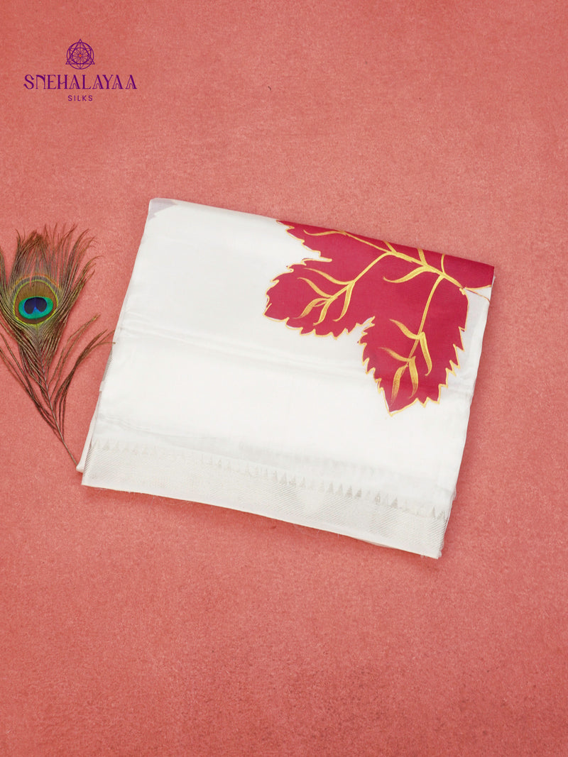 Off White Mangalagiri Silk Cotton Saree with Hand Painted Red Leaf Motifs