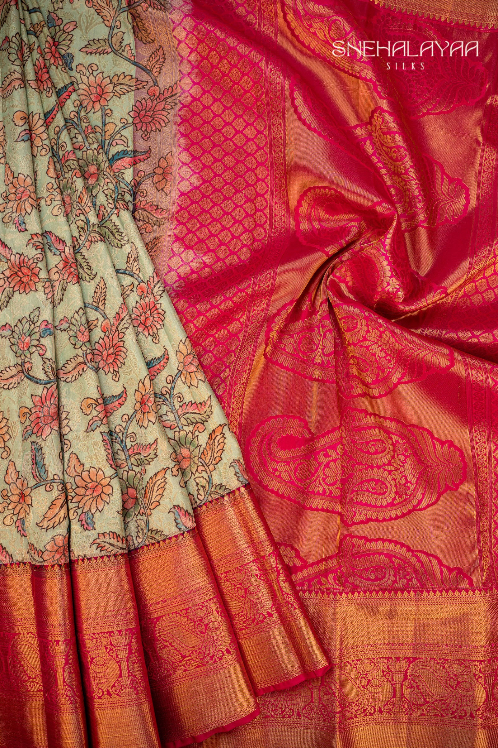 Olive Green Semi Kalamkari Silk Saree