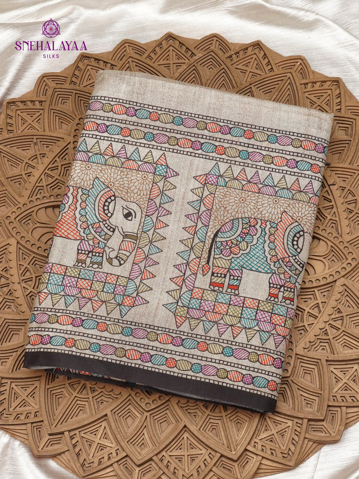 Beige With Black Border Madhubani Saree
