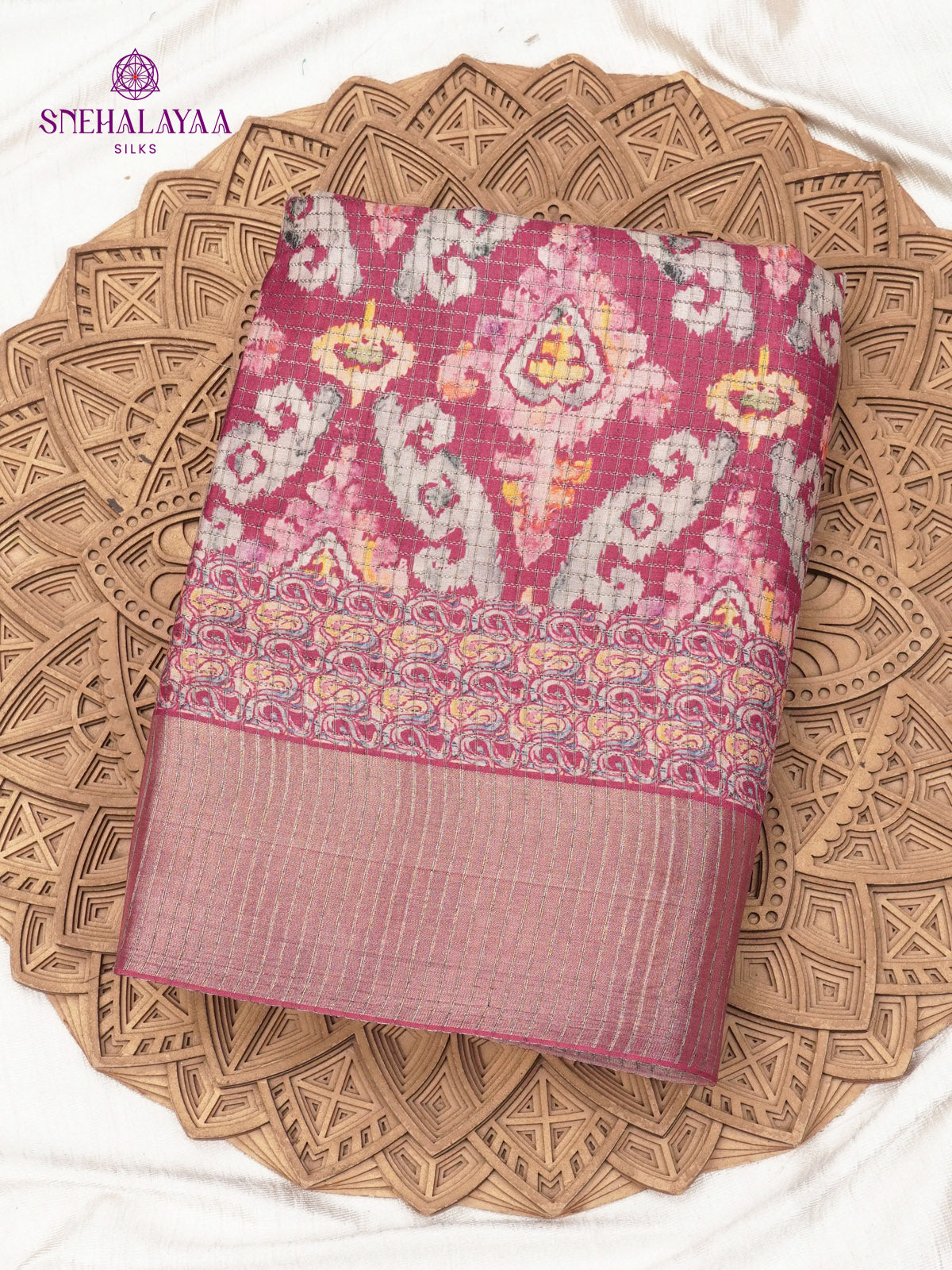 Magenta Floral Printed Tussar Saree