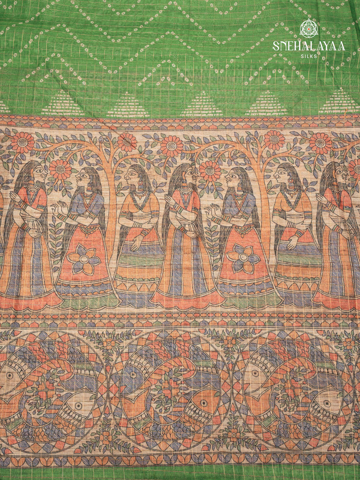 Green Madhubani Saree