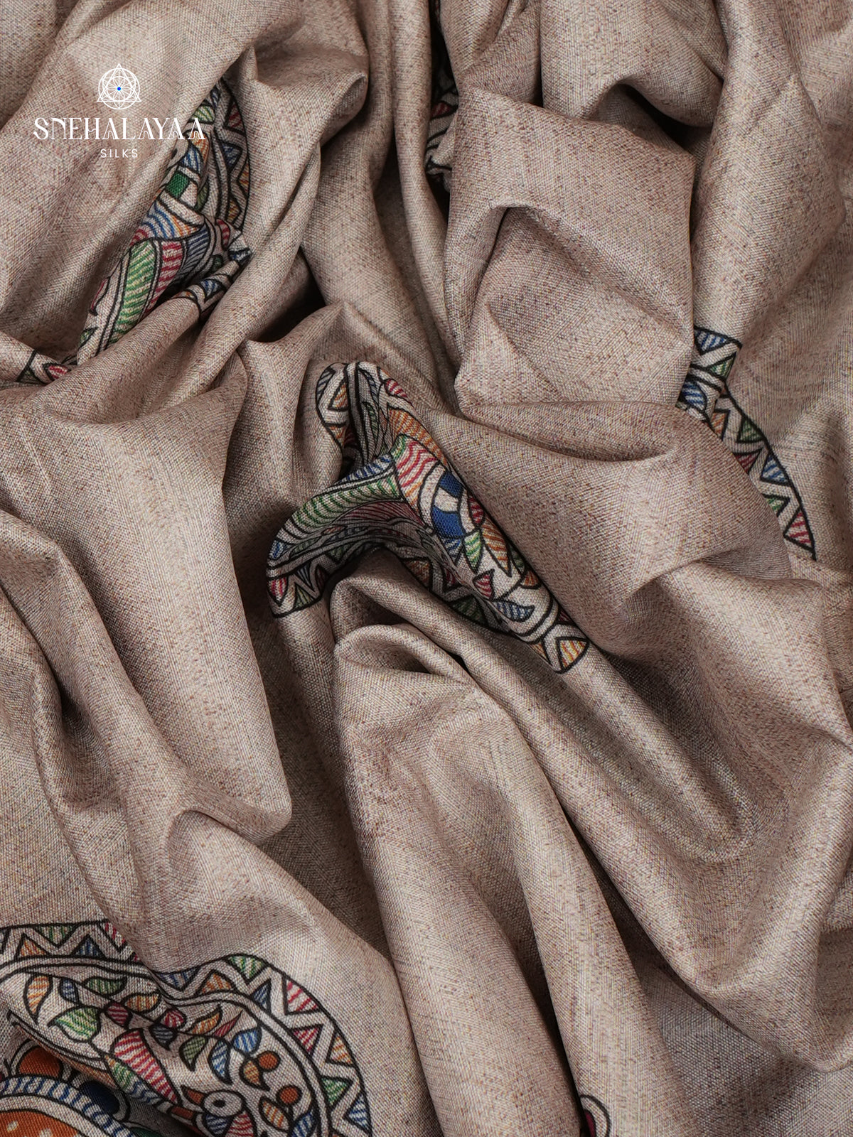 Beige With Red Border Madhubani Saree