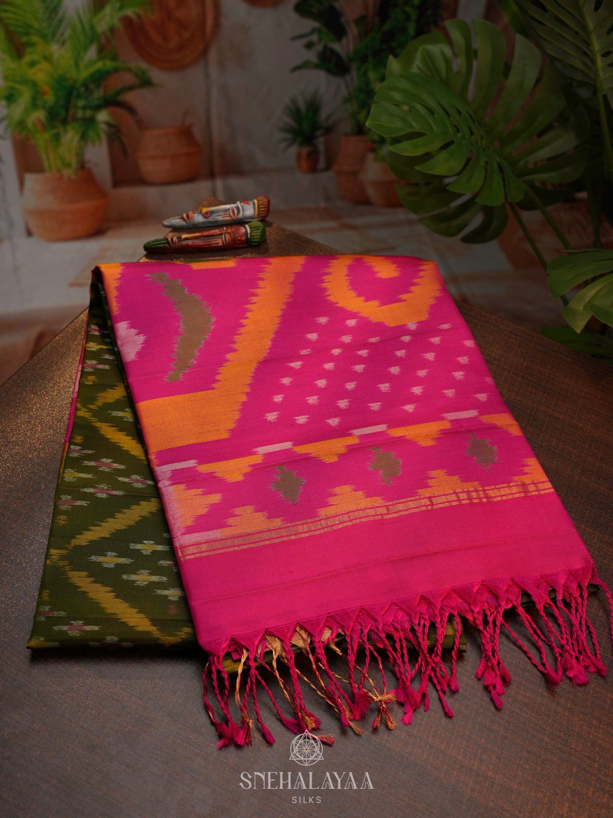 Olive Green Ikat Soft Silk Saree