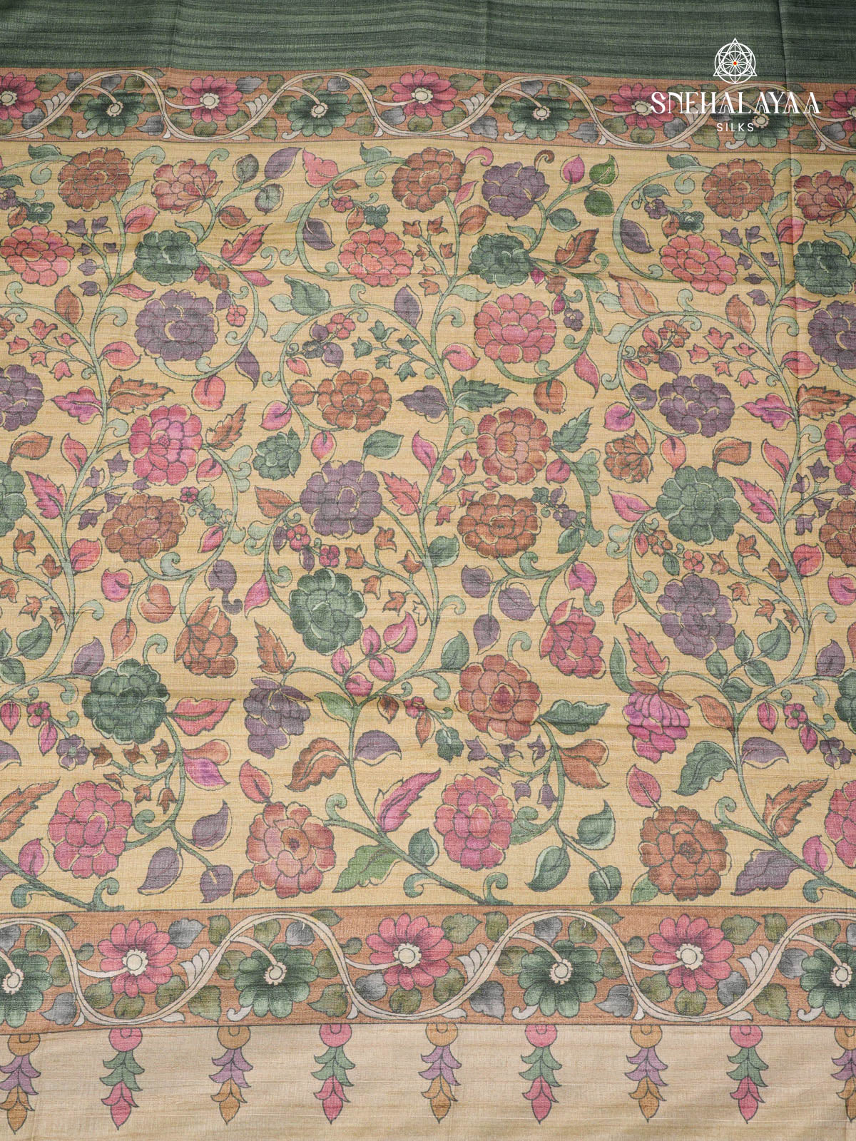 Pastel Green Floral Printed Tussar Saree