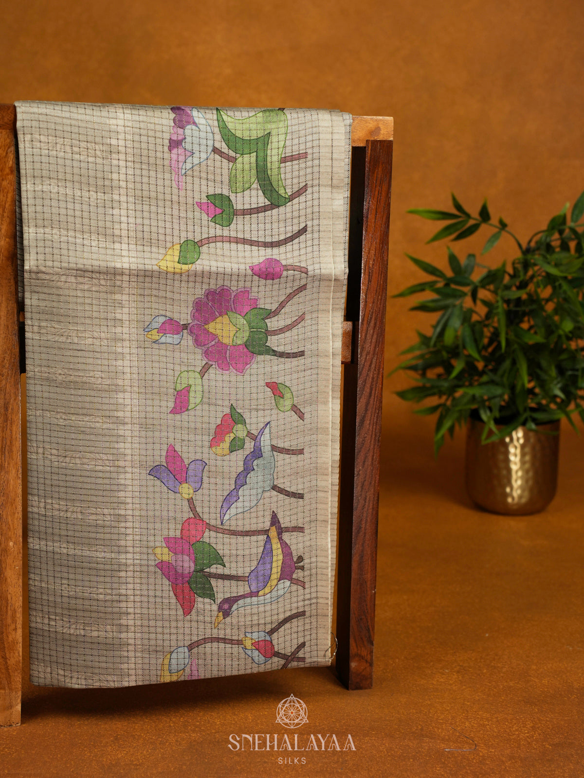 Beige Tussar Saree with Floral Prints