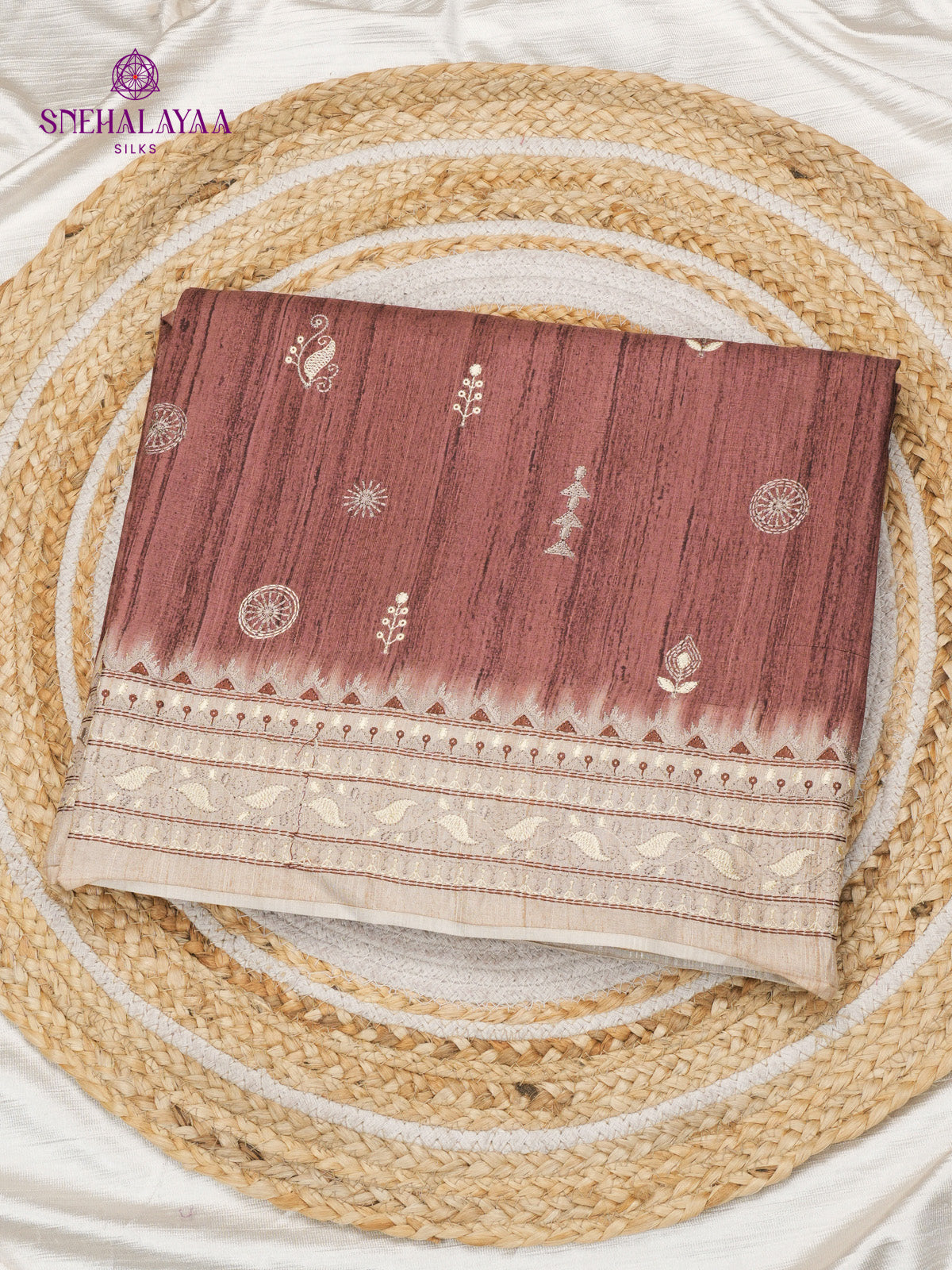 Maroon Tussar Embroidery Saree