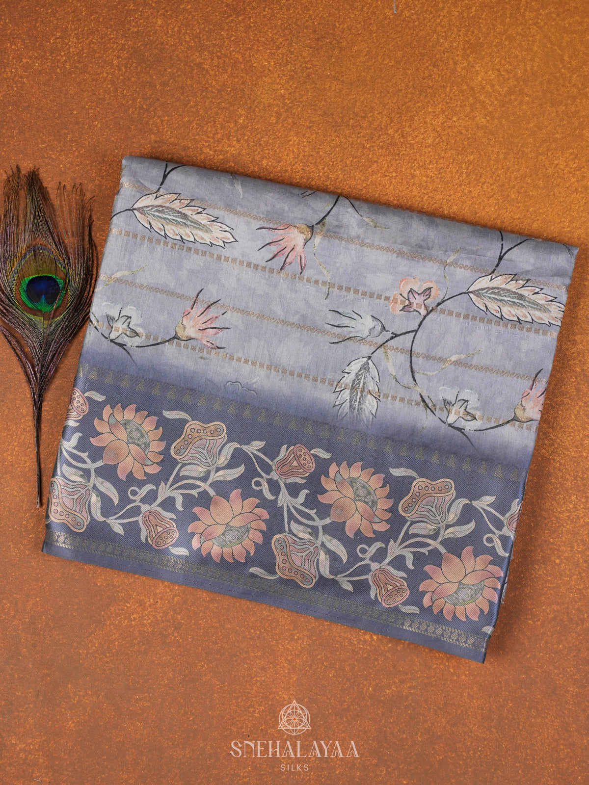 Grey Floral Printed Tussar Saree