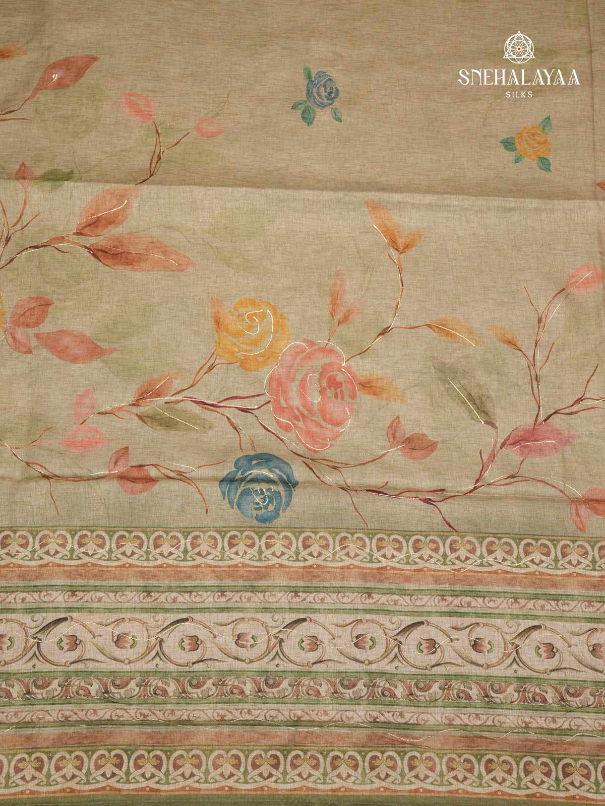 Olive Green Floral Printed Tussar Saree