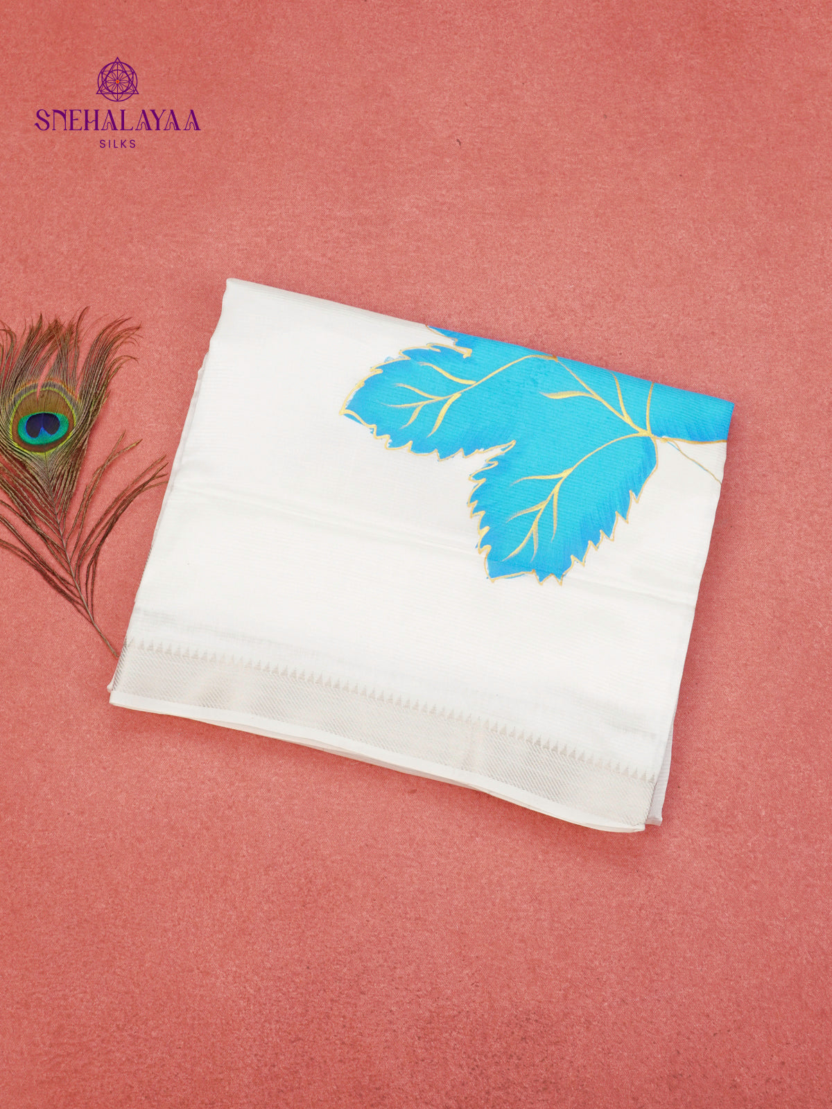 Off White Mangalagiri Silk Cotton Saree with Hand Painted Sky Blue Leaf Motifs