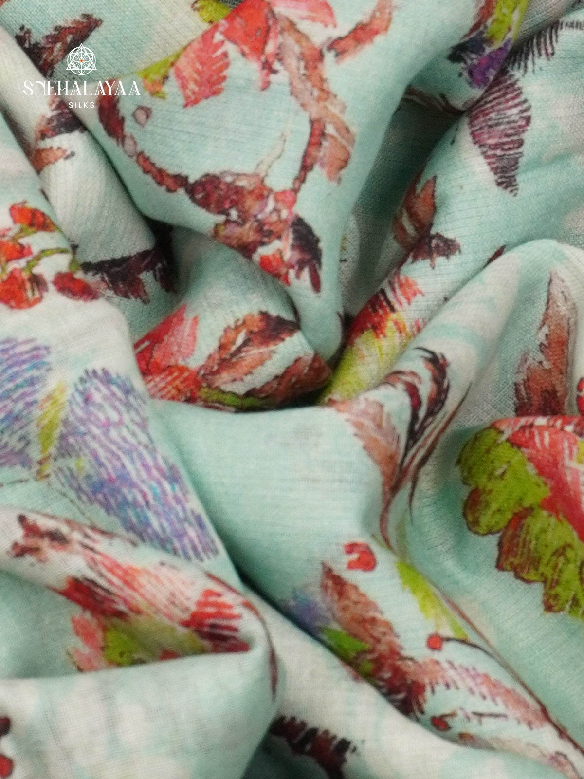 Pale Blue Printed Linen Cotton Saree