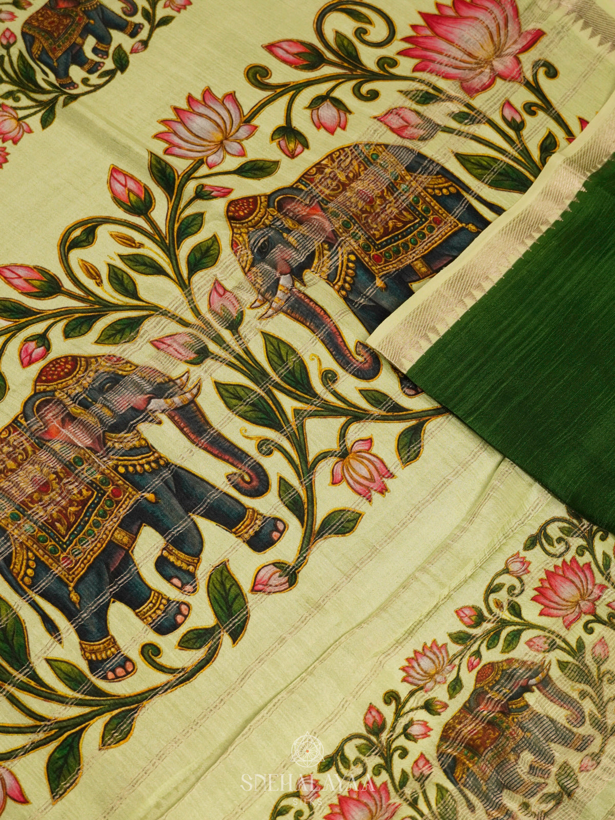 Green Mangalagiri Silk Cotton Saree with Printed Border