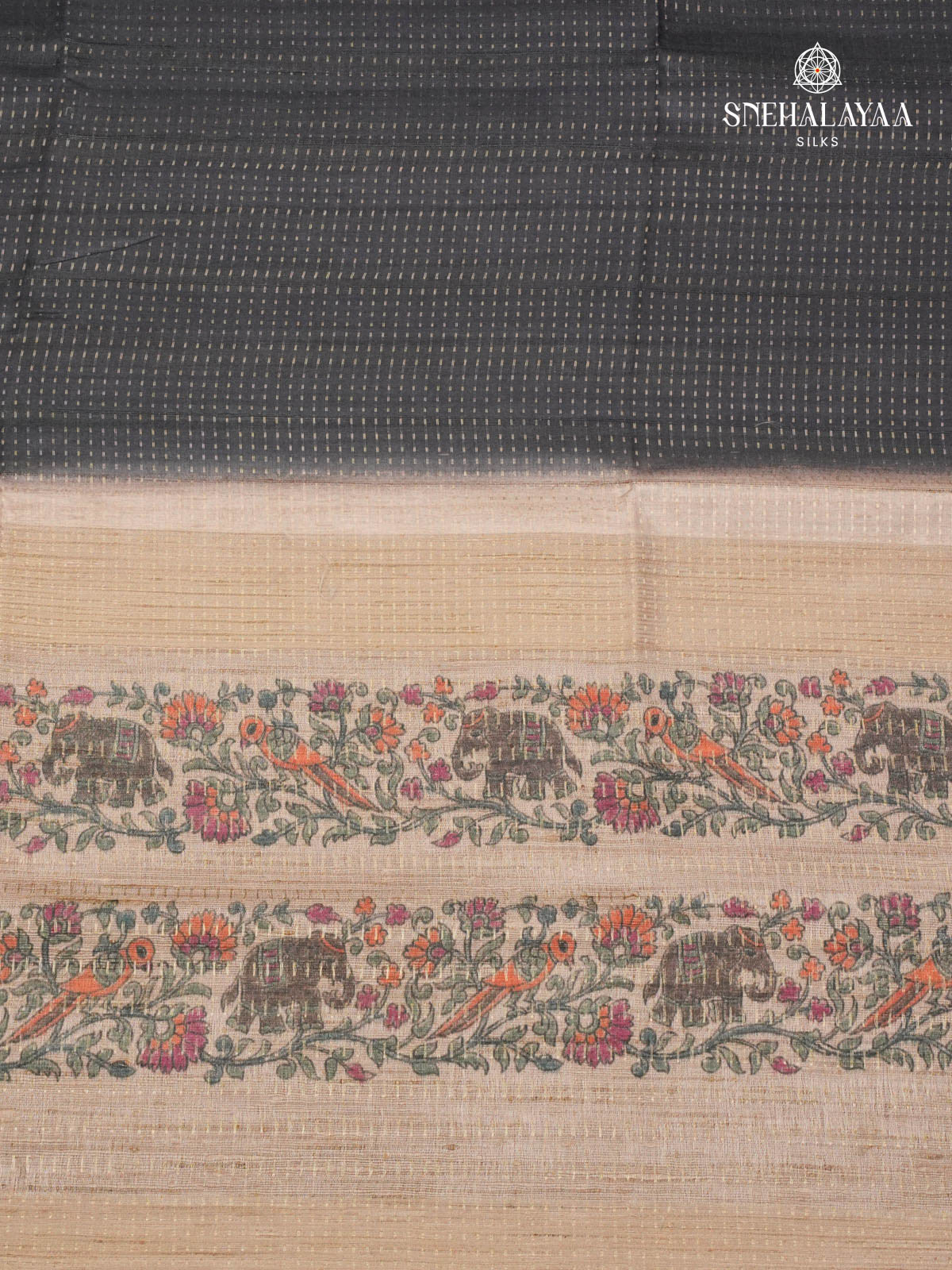 Black Floral Printed Tussar Saree