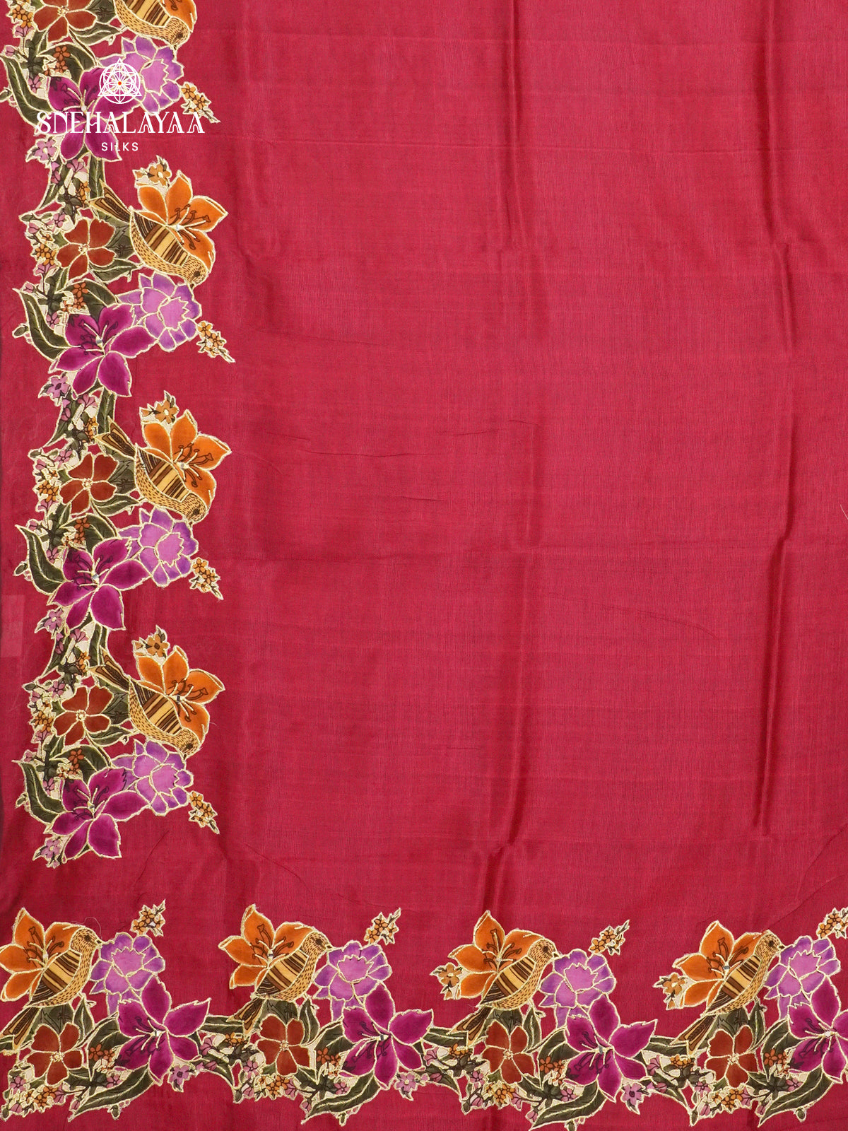 Maroon Mangalagiri Silk Cotton Saree with Floral Bird Embroidery