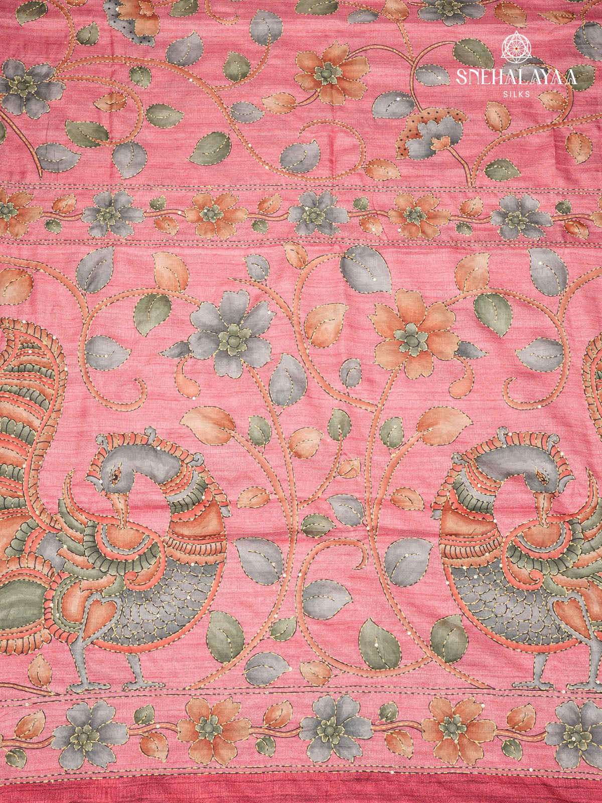 Pink Tussar Embroidery Saree