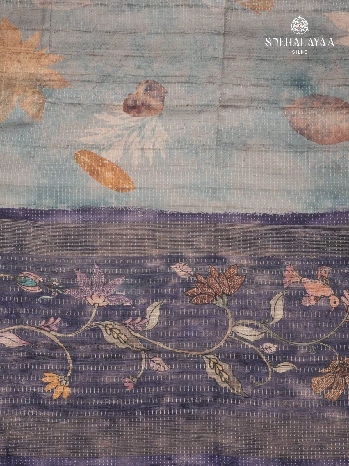 Grey Floral Printed Tussar Saree