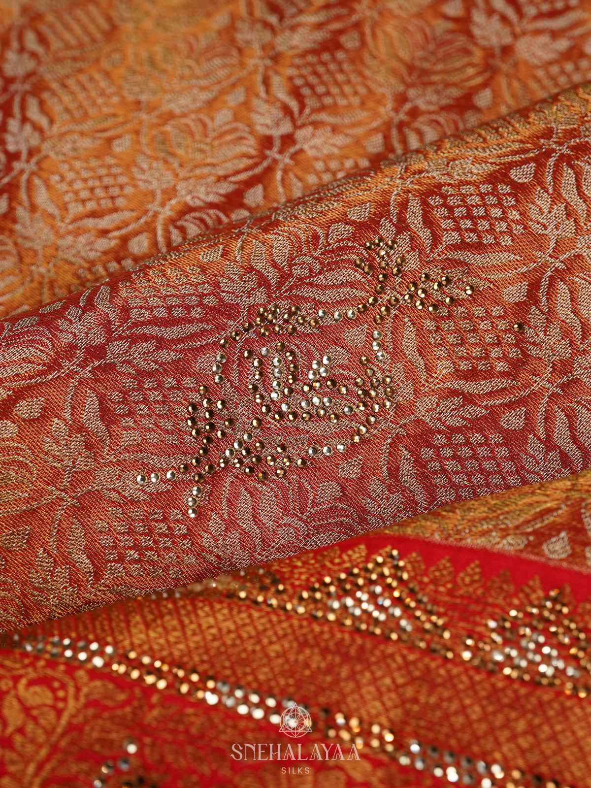 Golden Banaras Designer Saree with Orange Border