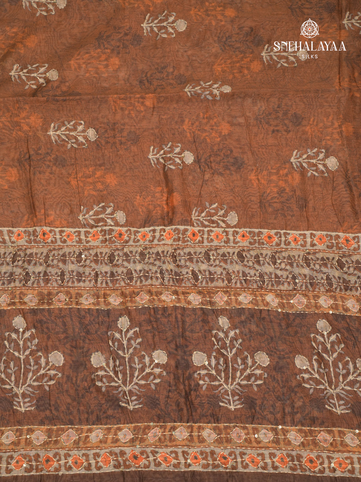 Brown Linen Embroidery Saree