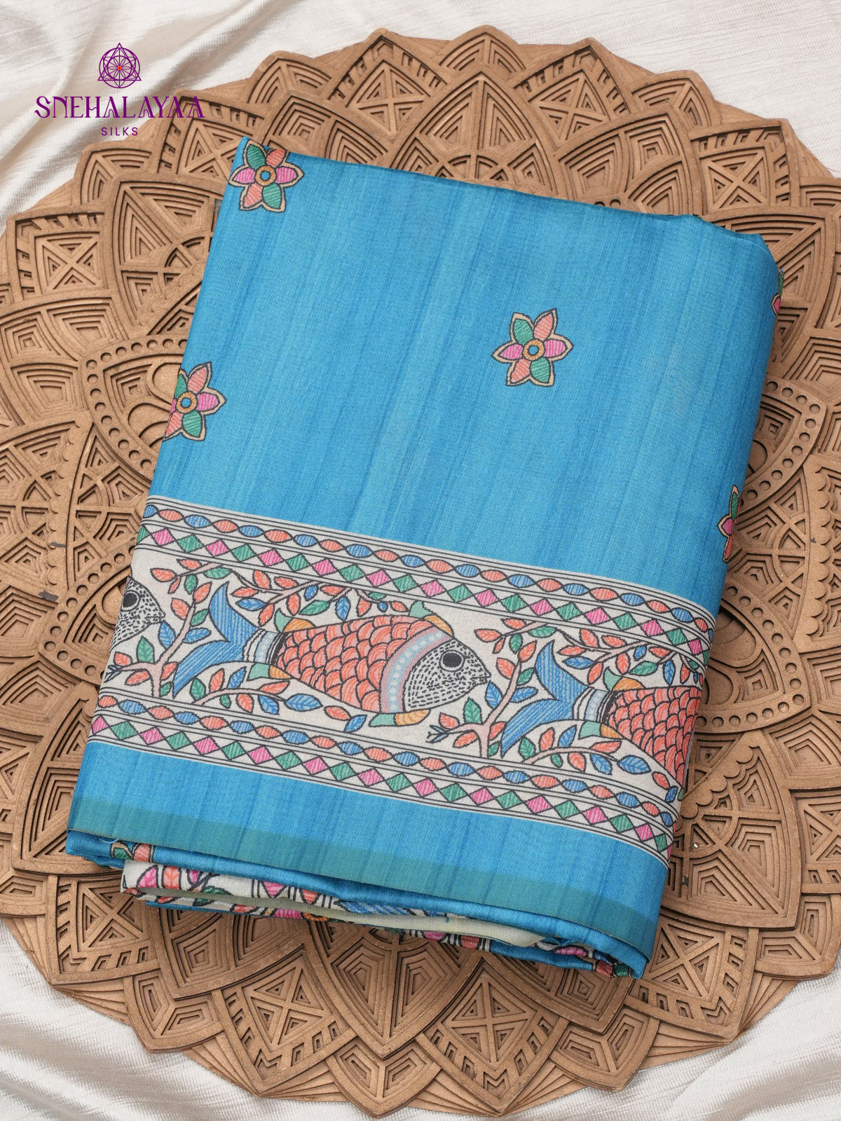 Turquoise Blue Madhubani Printed Saree