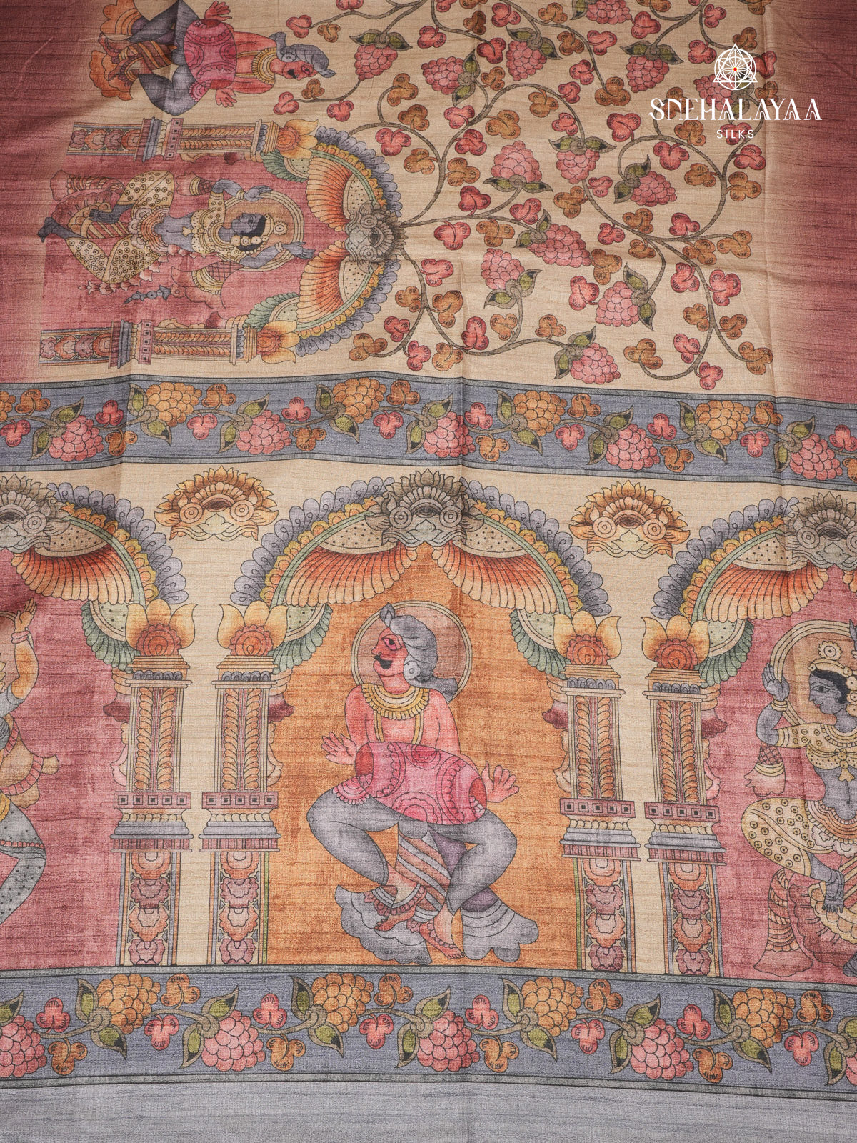 Beige With Maroon Border Kalamkari Tussar Saree