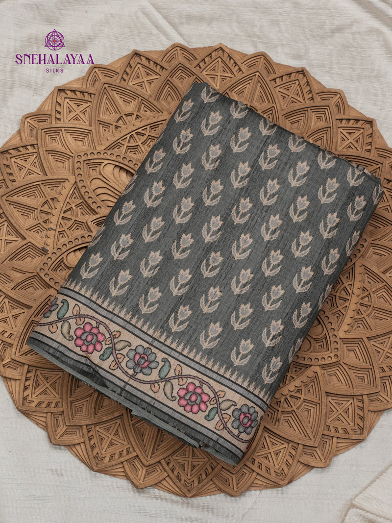 Black Tussar Embroidery Saree