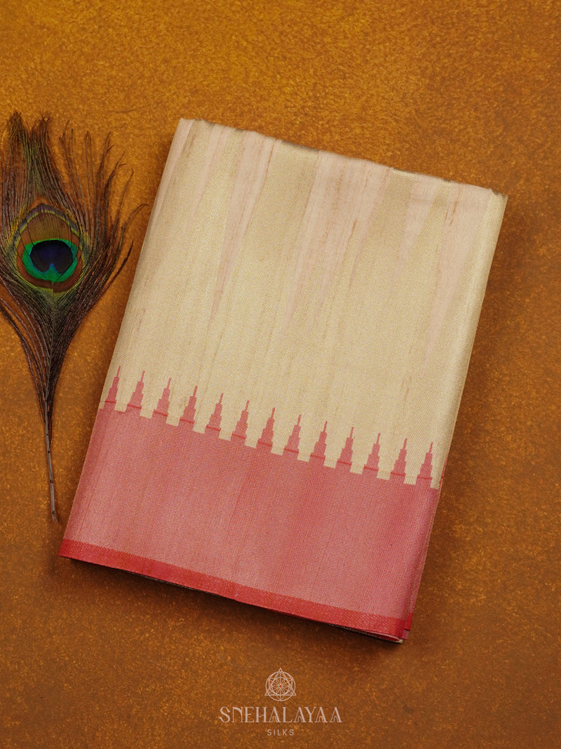 Cream With Pink Border Tussar Saree