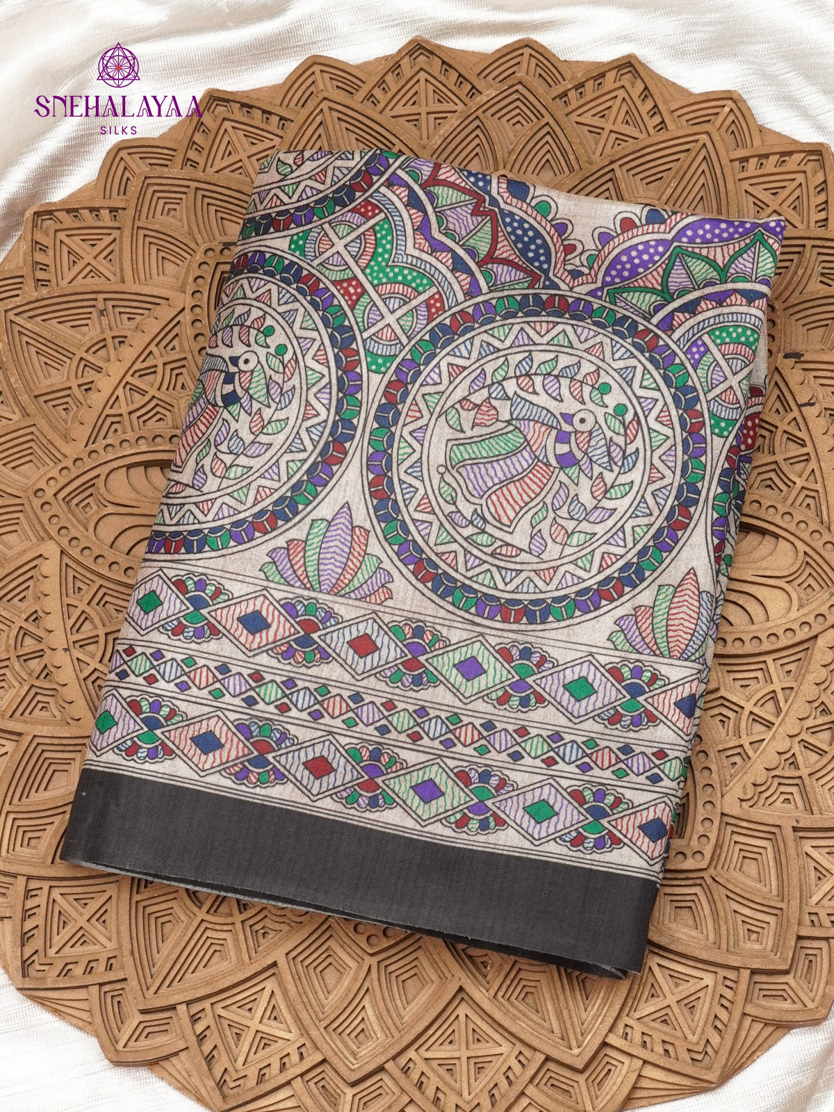Beige With Black Border Madhubani Saree