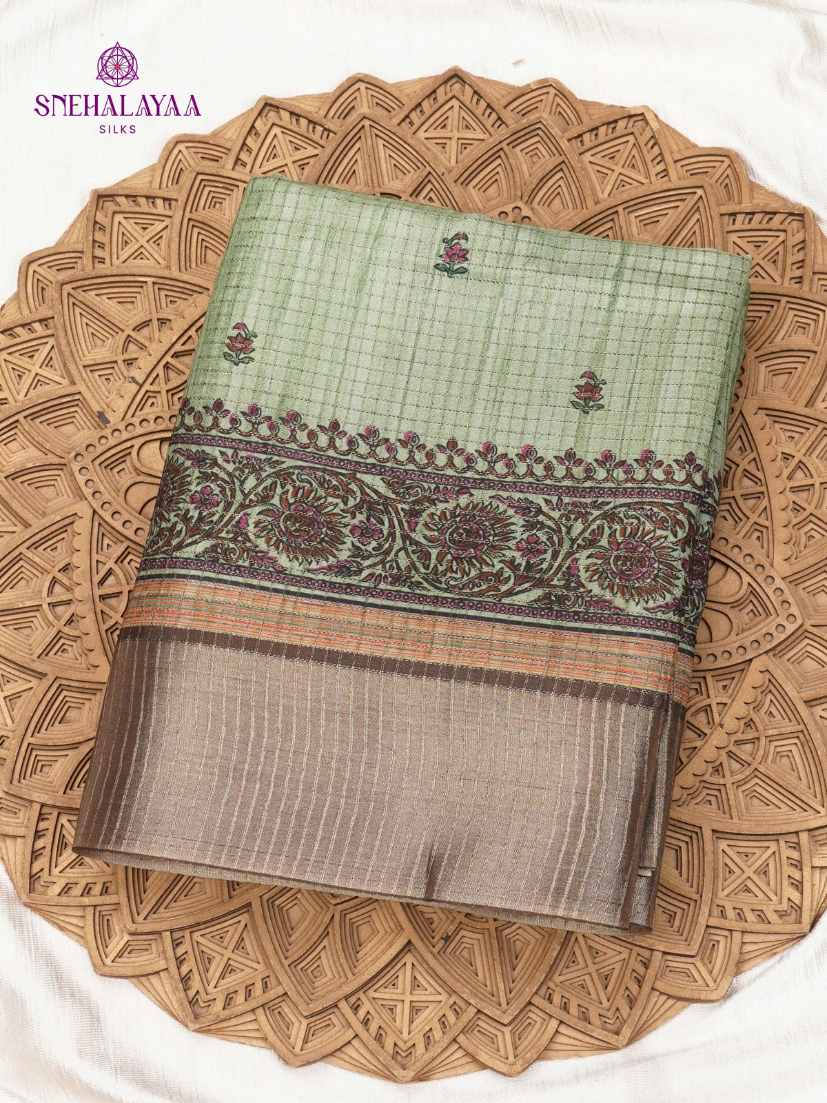 Pastel Green Floral Printed Tussar Saree
