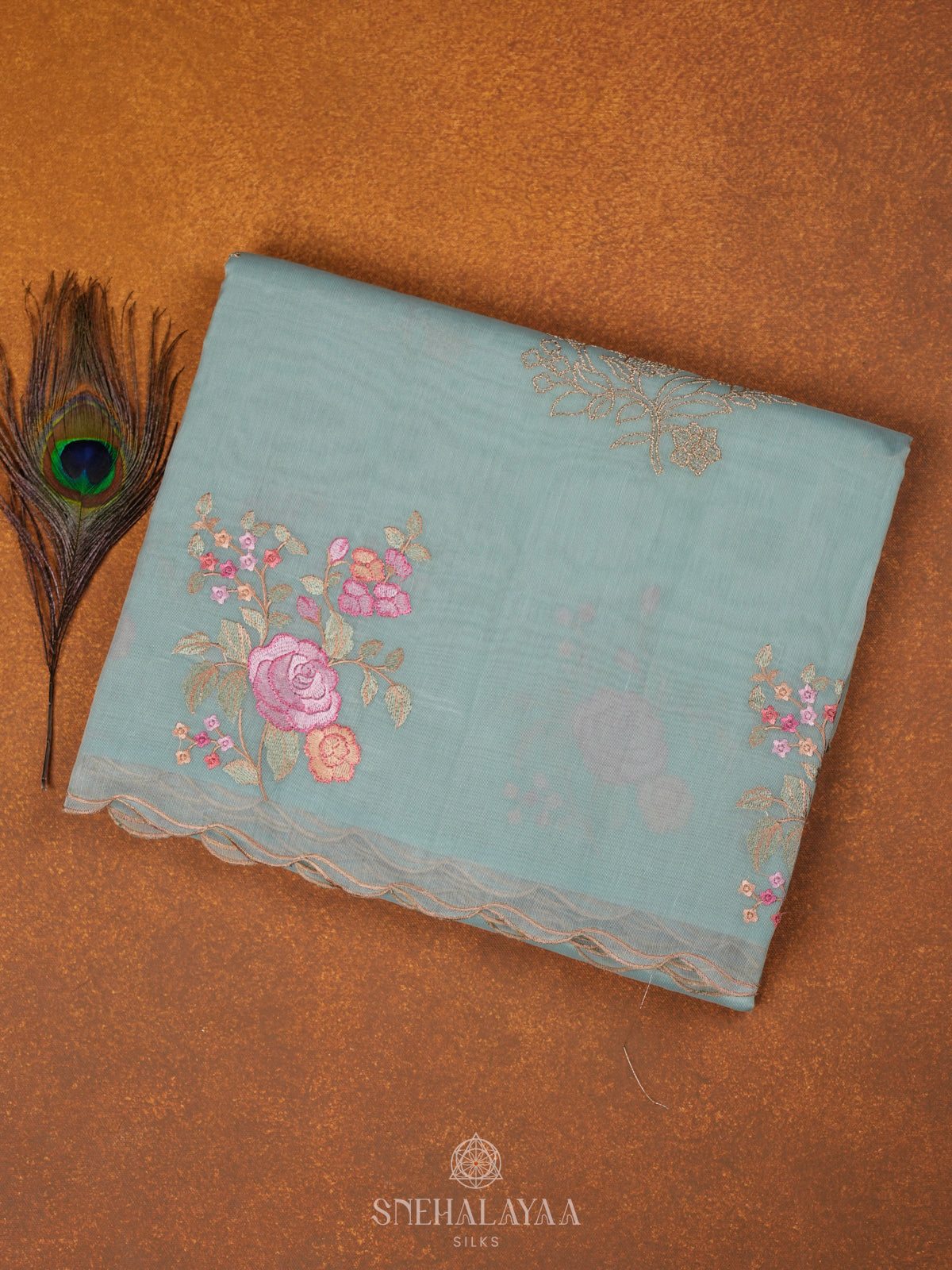 Pale Blue Linen Embroidery Saree