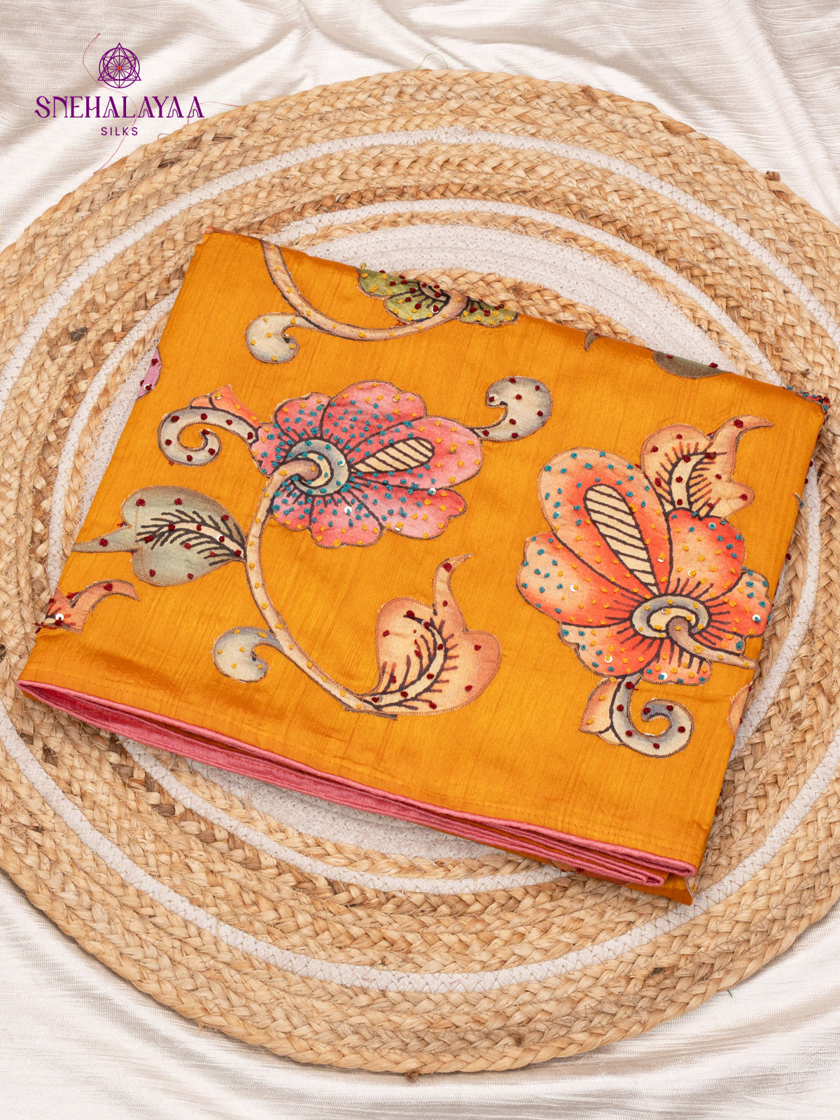 Orange Raw Silk Embroidery Saree