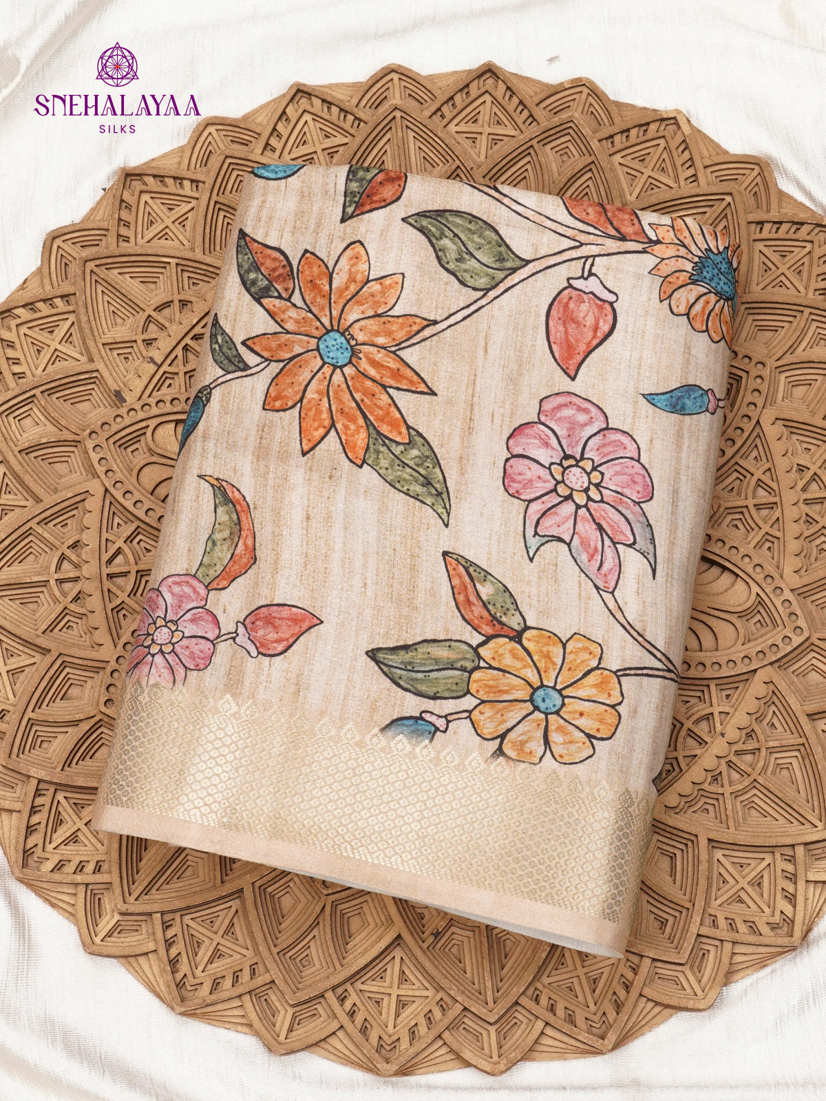 Beige Floral Printed Tussar Saree