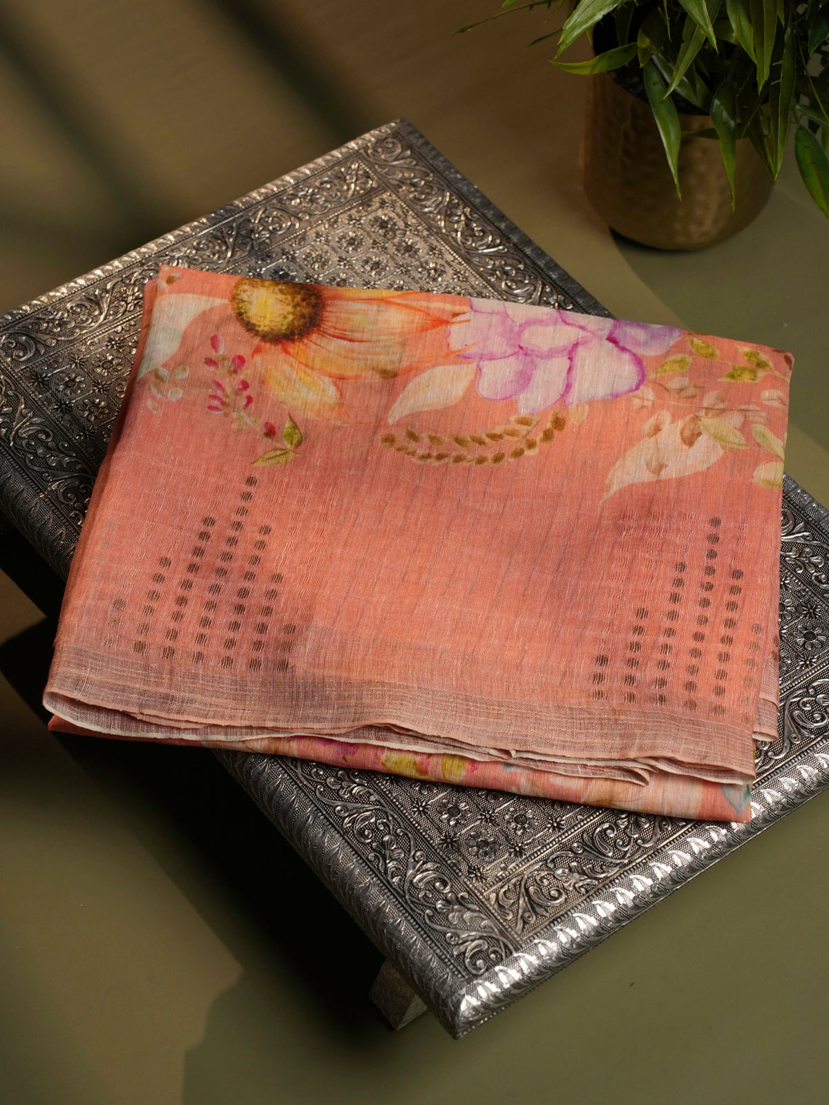 Peach Linen Kora Silk Saree