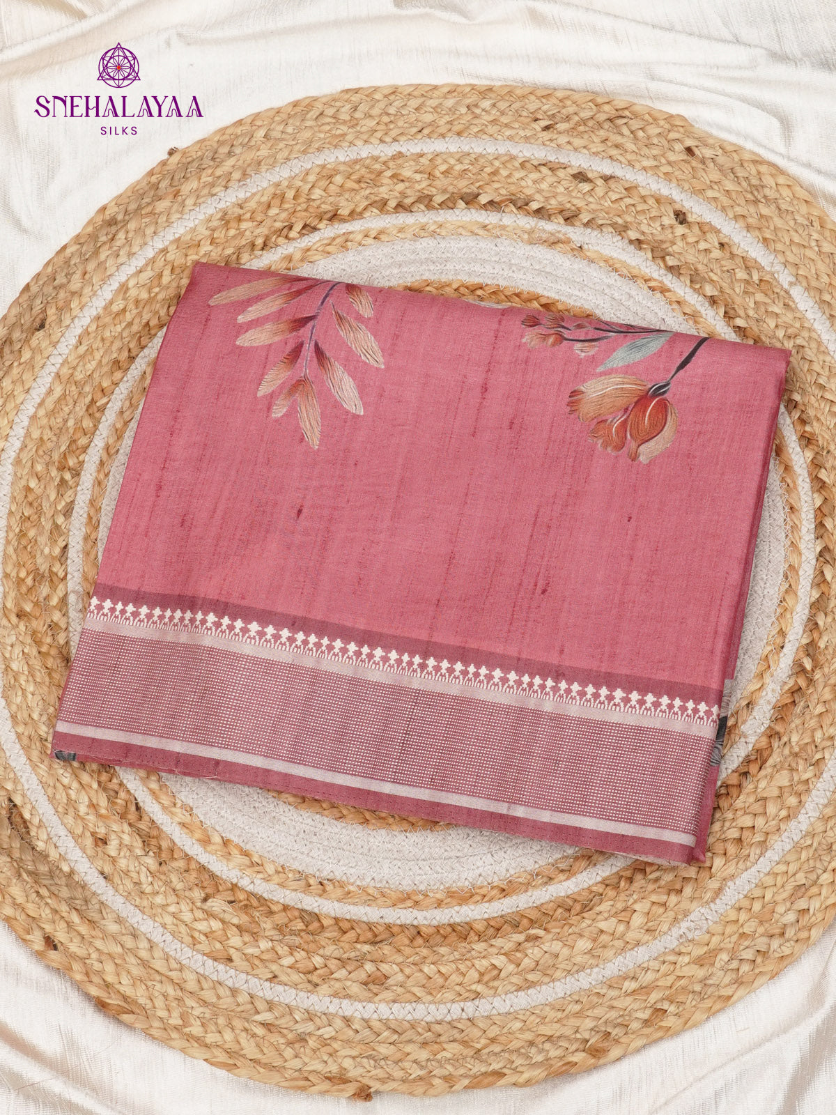 Pink Floral Printed Tussar Saree