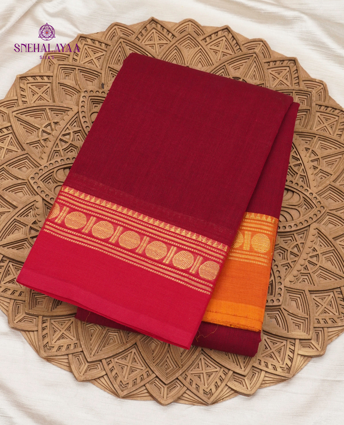Deep Maroon Kanchi Cotton Saree with Classic Gold Zari Border