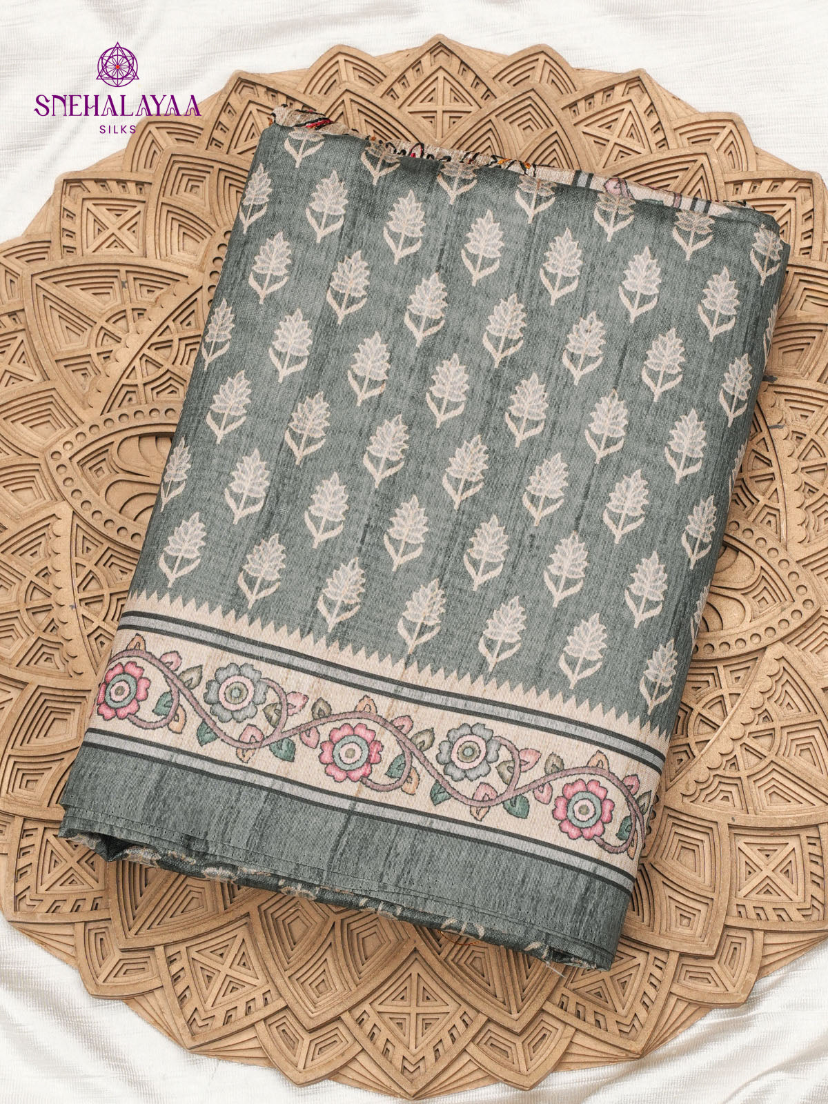 Grey Tussar Embroidery Saree