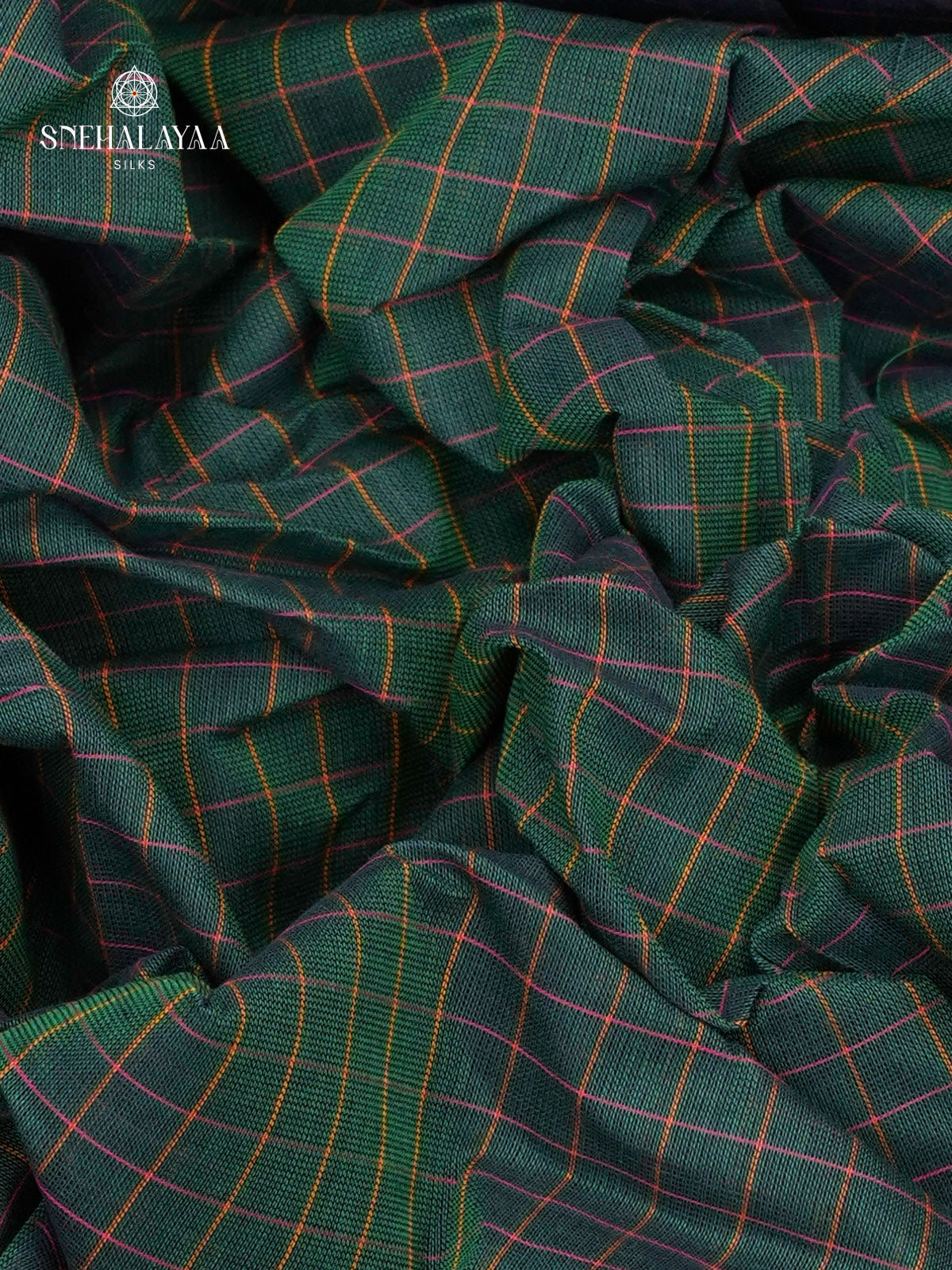 Dark Green Checked Chettinad Cotton Saree