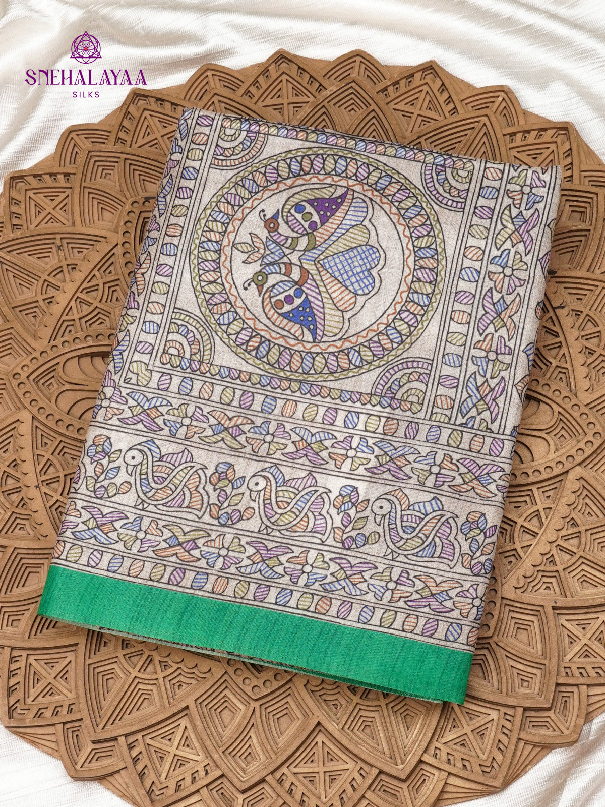 Beige With Green Border Madhubani Saree