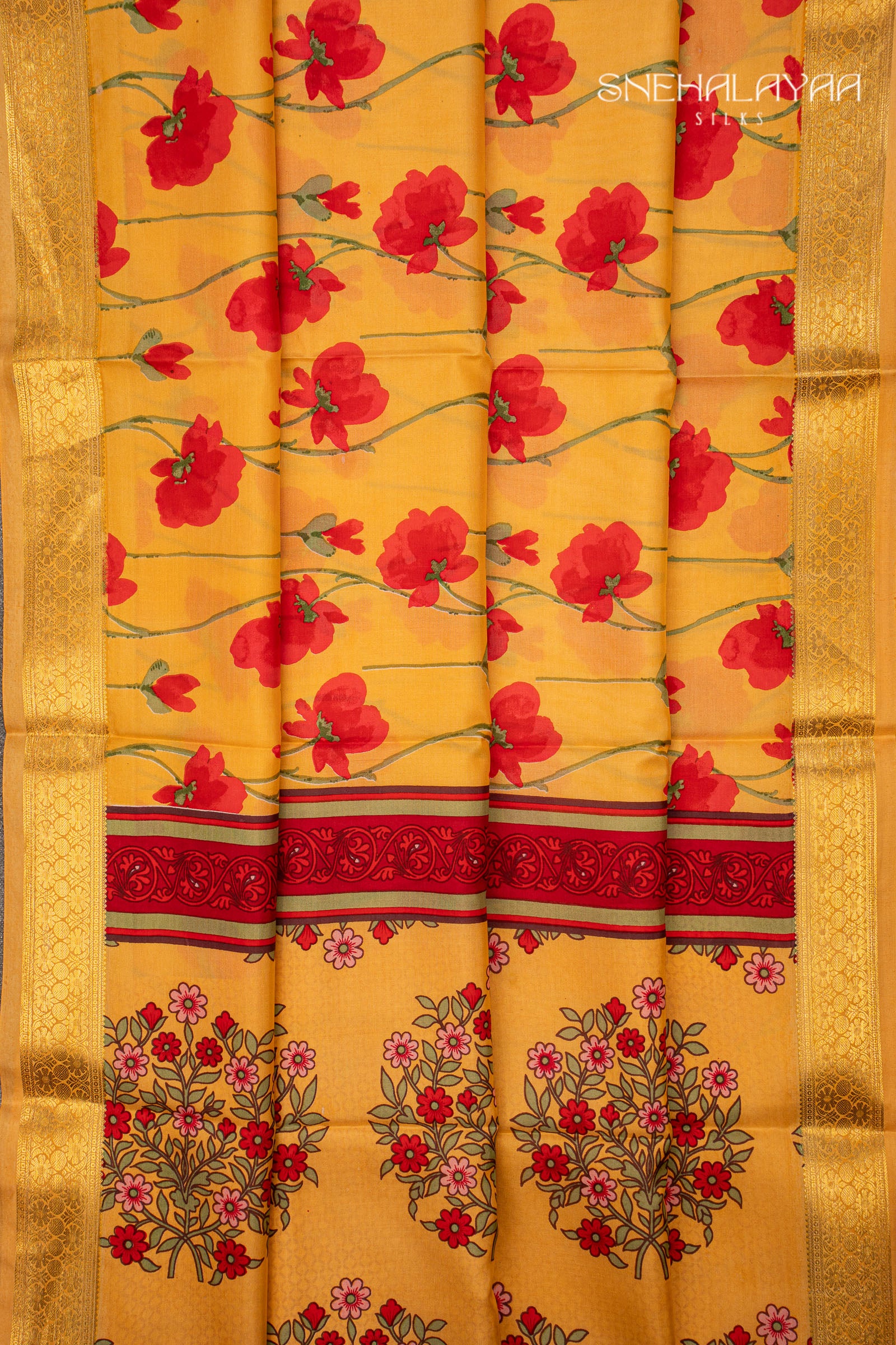 Yellow Printed Mysore Silk Saree
