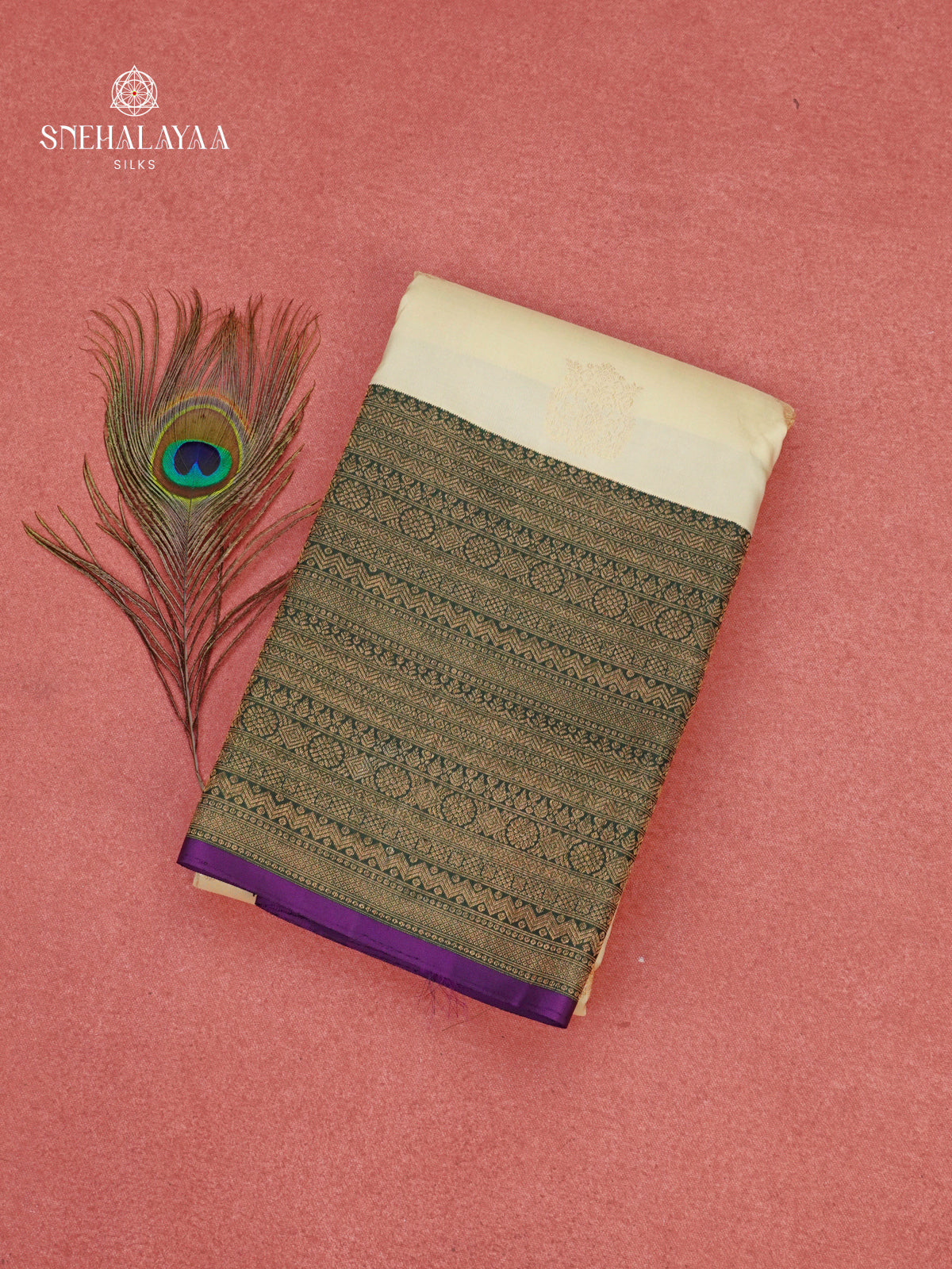 Ivory Pure Kanchipuram Silk Saree with Bottle Green Zari Border