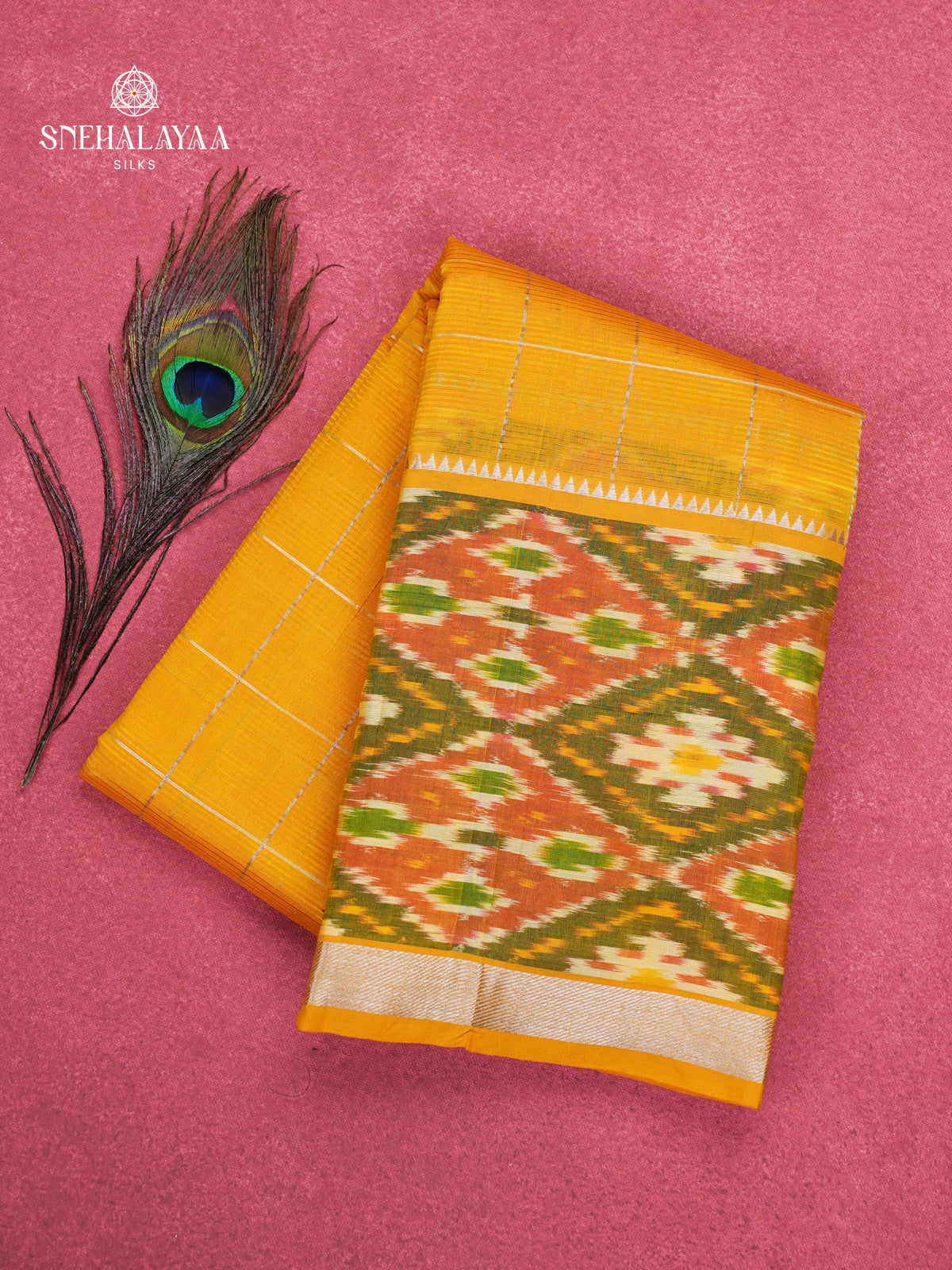 Mustard Yellow Mangalagiri Silk Cotton Saree with Ikat Border