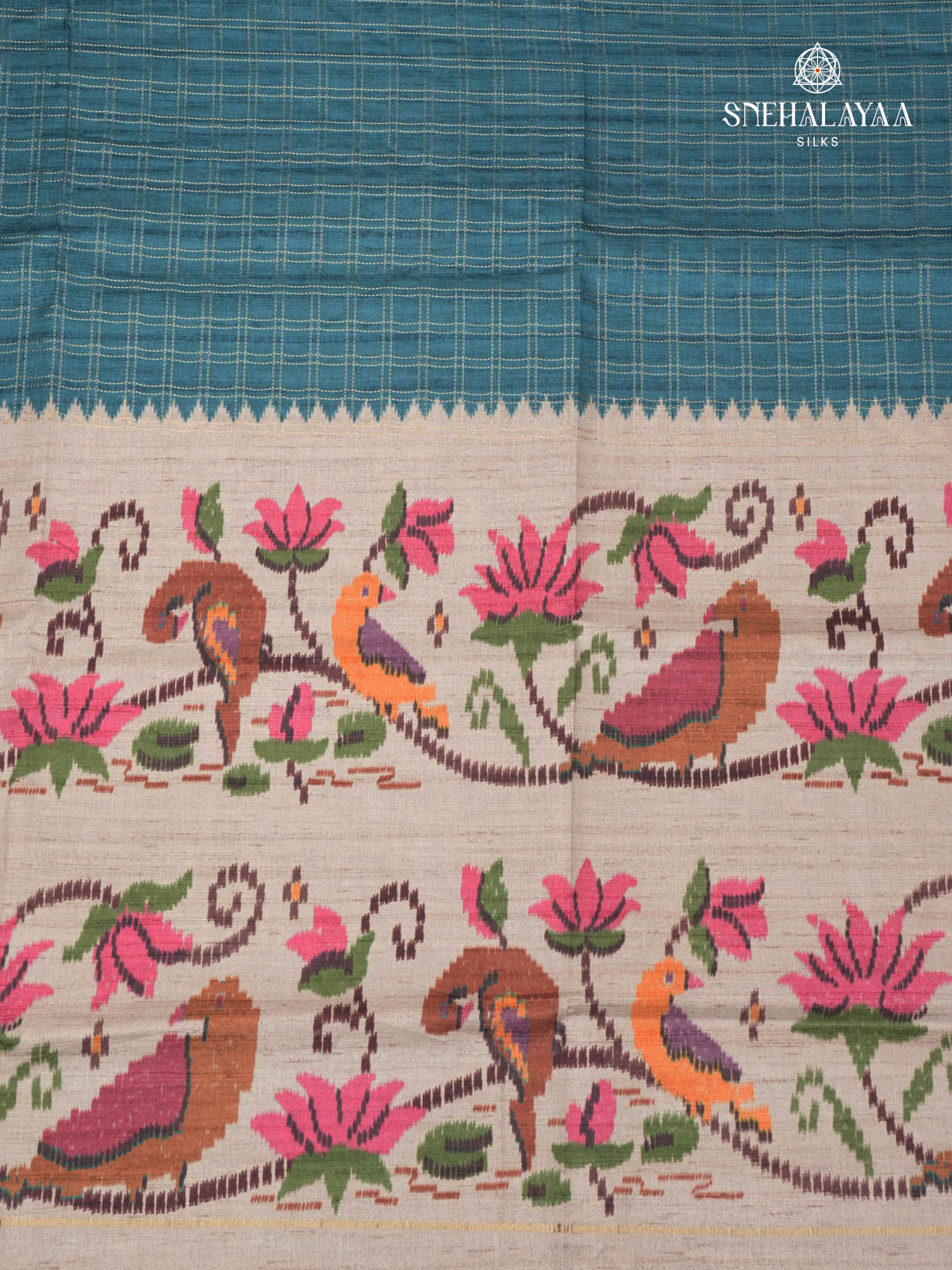 Peacock Blue Floral Printed Tussar Saree