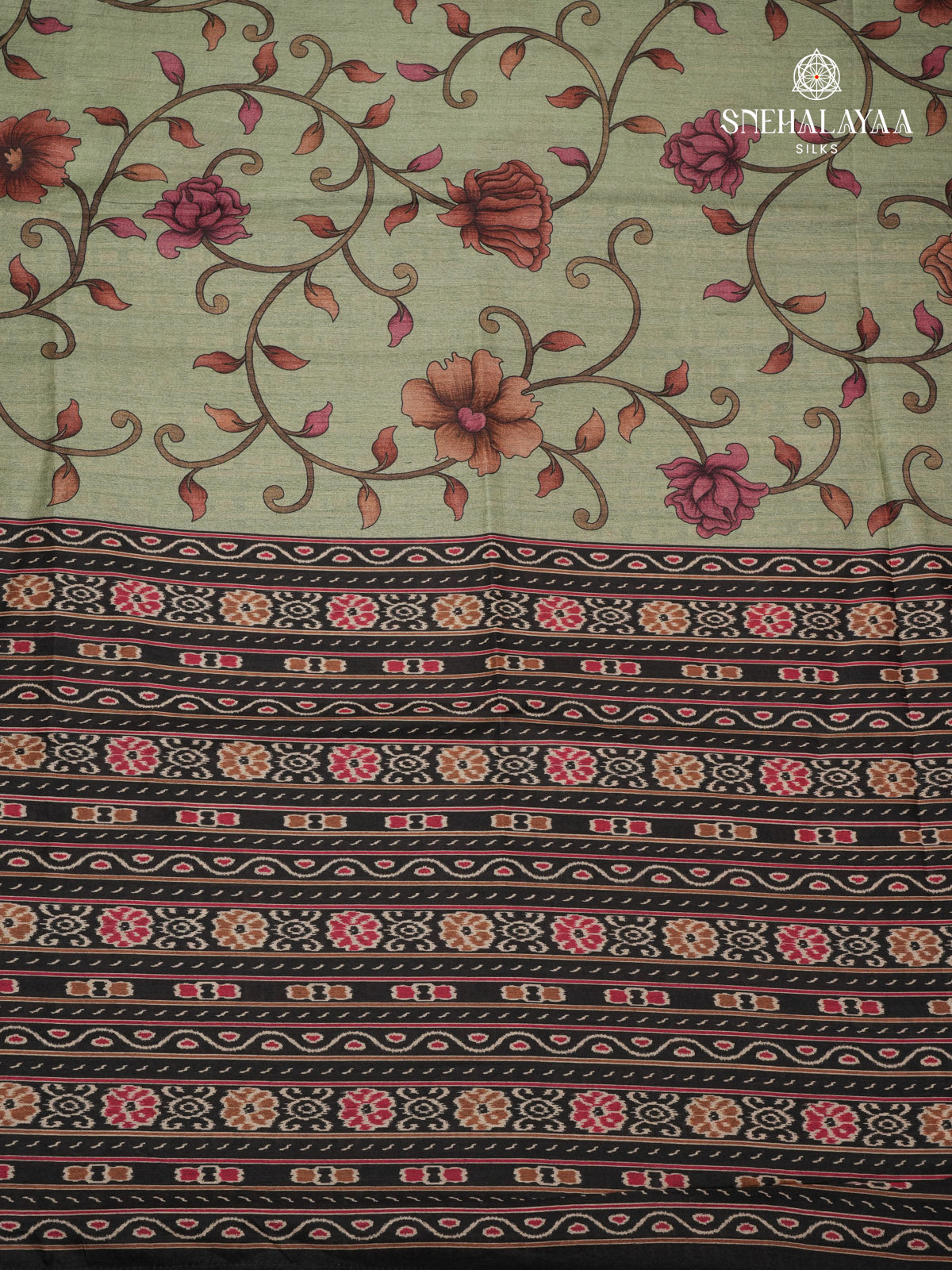 Pastel Green Floral Printed Tussar Saree