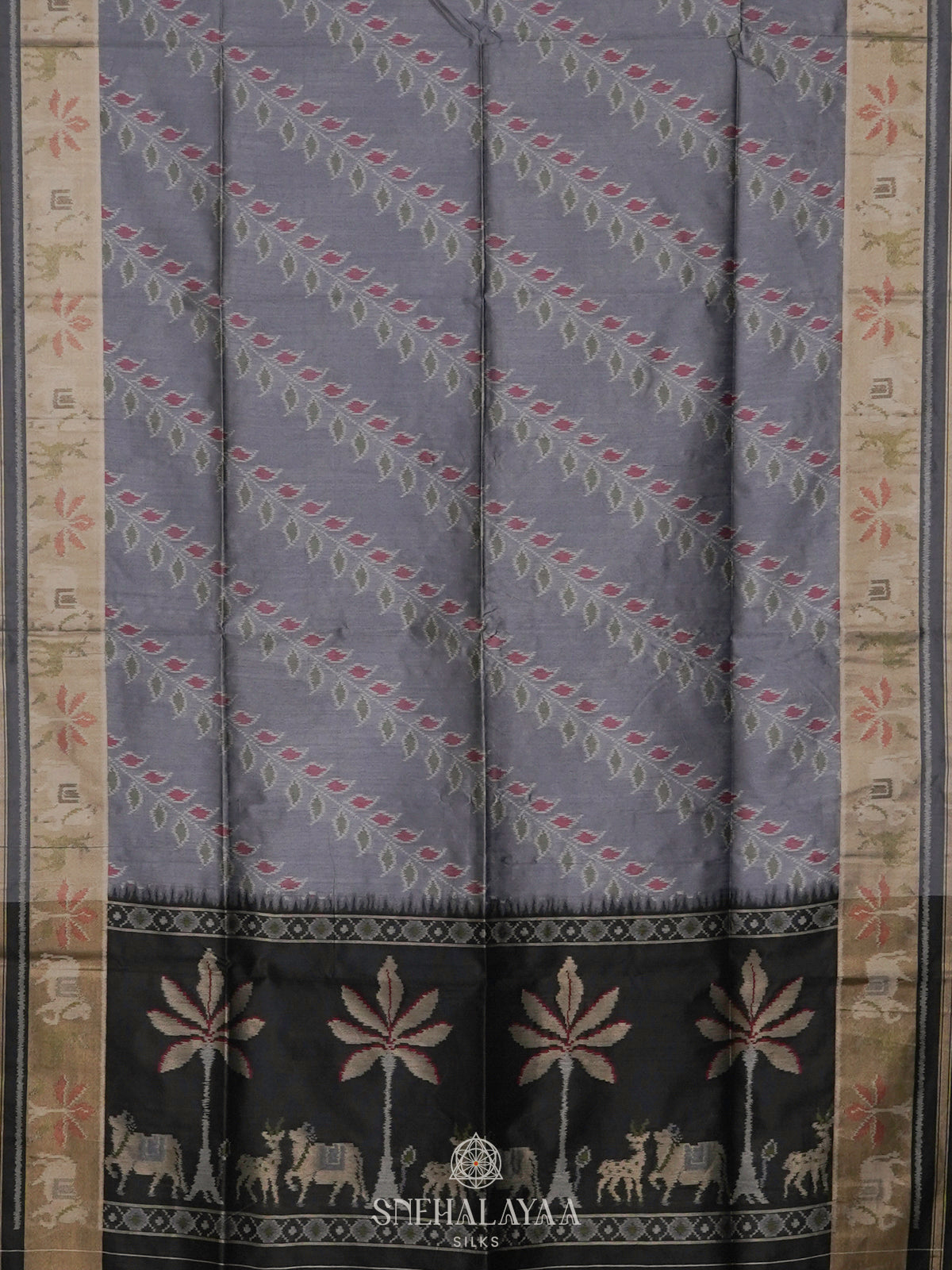 Grey Floral Printed Tussar Saree