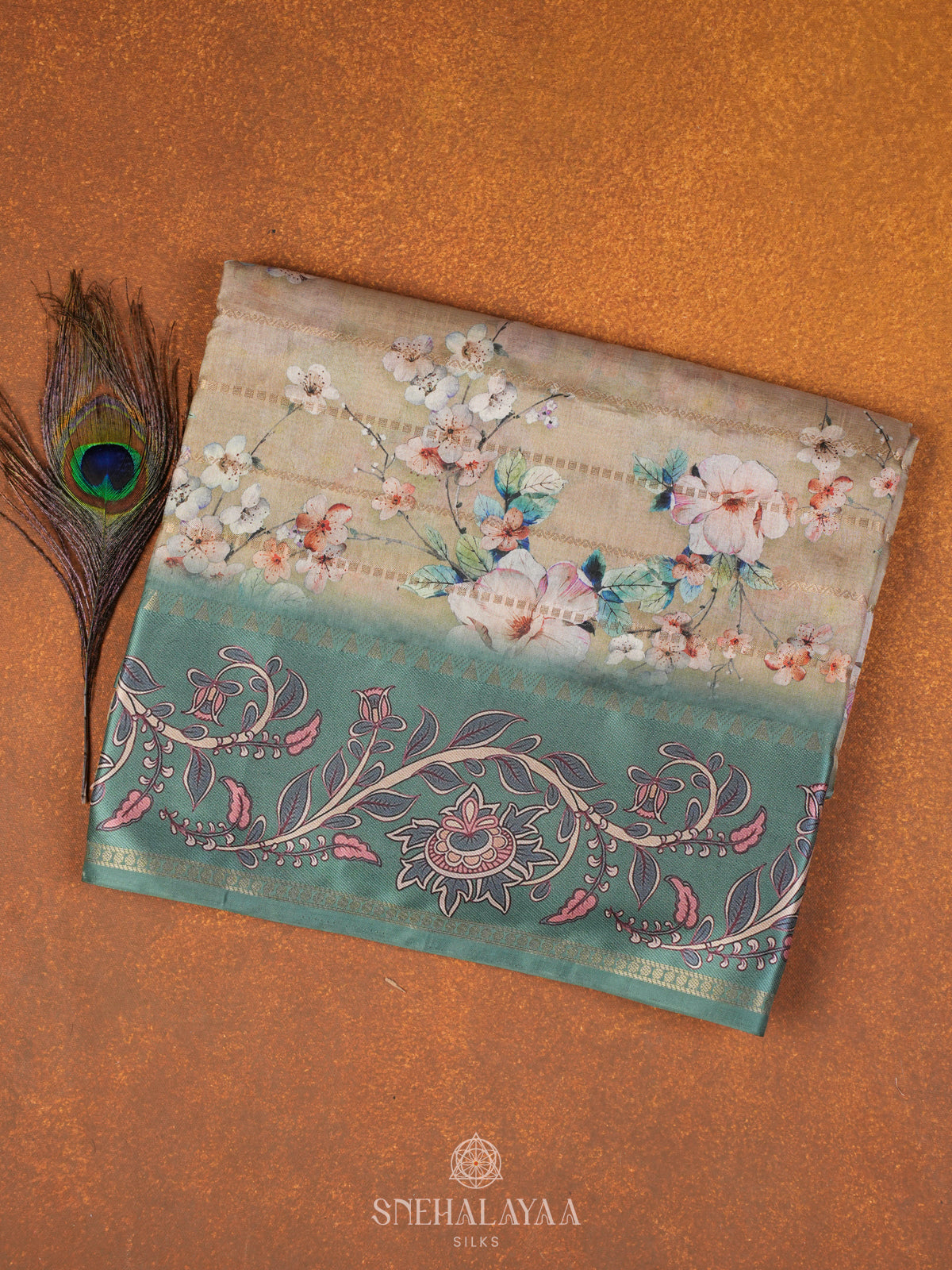 Pale Yellow Floral Printed Tussar Saree