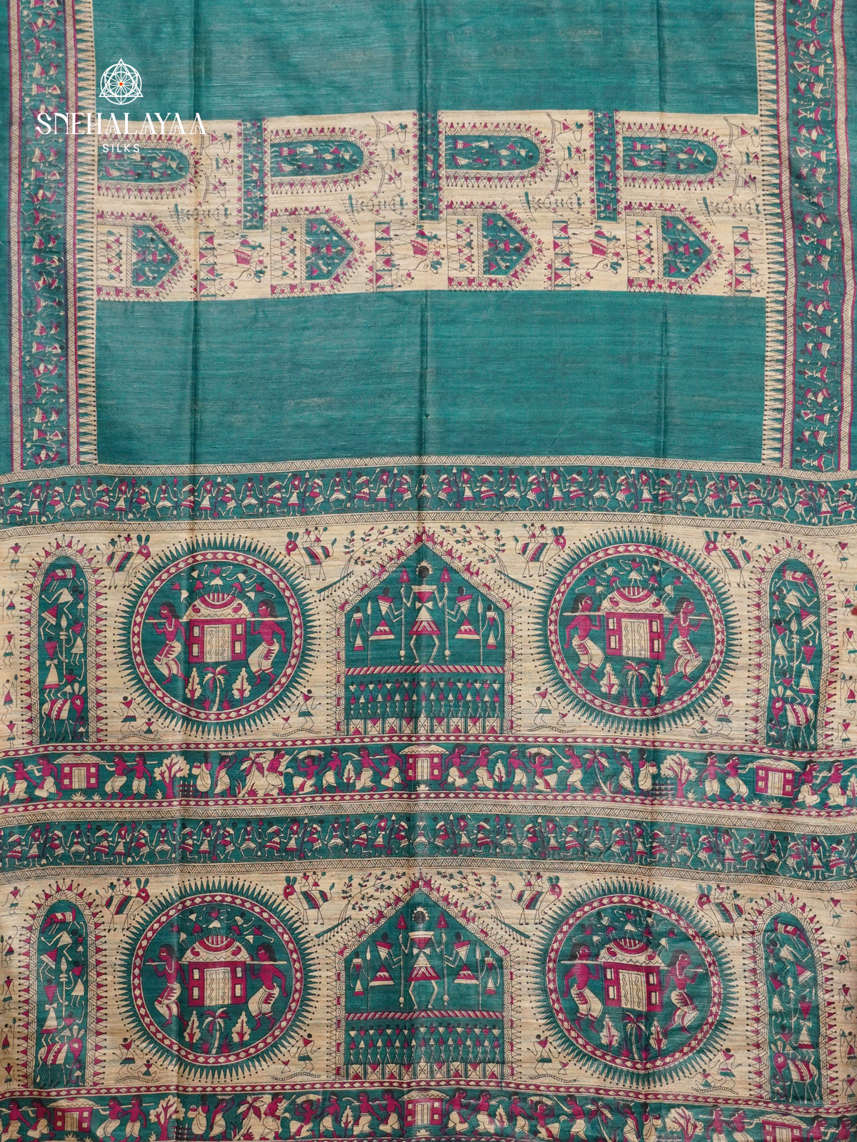 Teal Green Madhubani Printed Saree