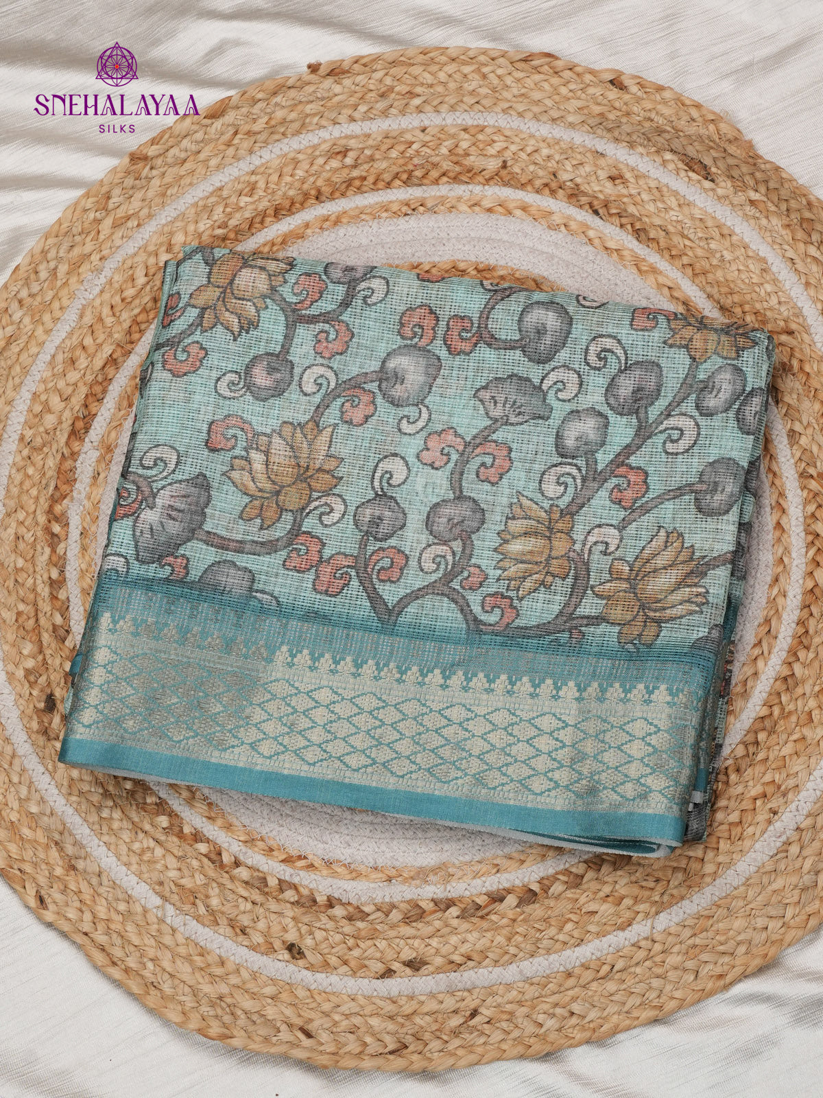 Teal Blue Printed Kota Saree