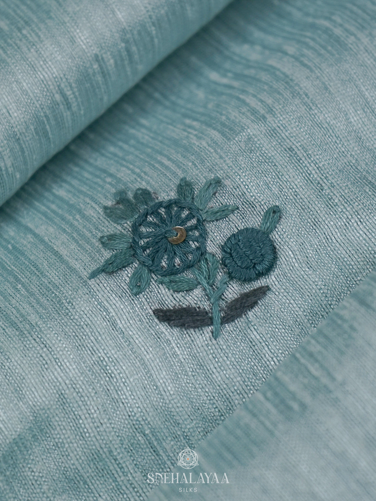 Pale Blue Linen Embroidery Saree