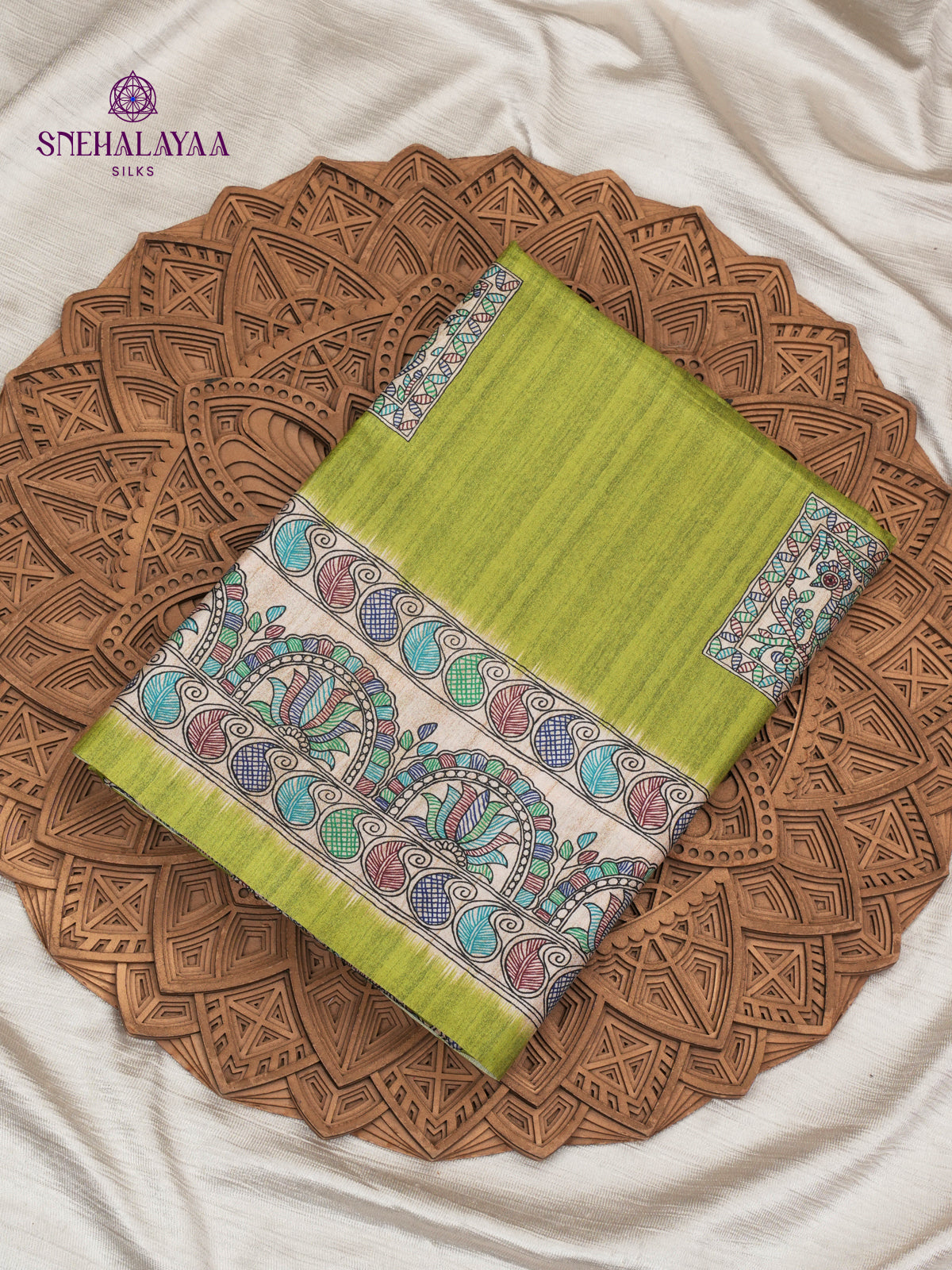 Pistachio Green Madhubani Printed Saree